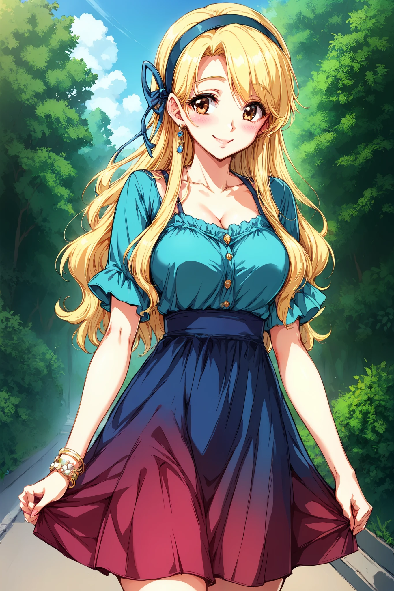 score_9, score_8_up, score_7_up, 1girl, long hair, blonde hair, brown eyes, curtained, curvy body, blush, smile, shy, hairband, casual dress, girlfriend, outdoor, solo, good anatomy