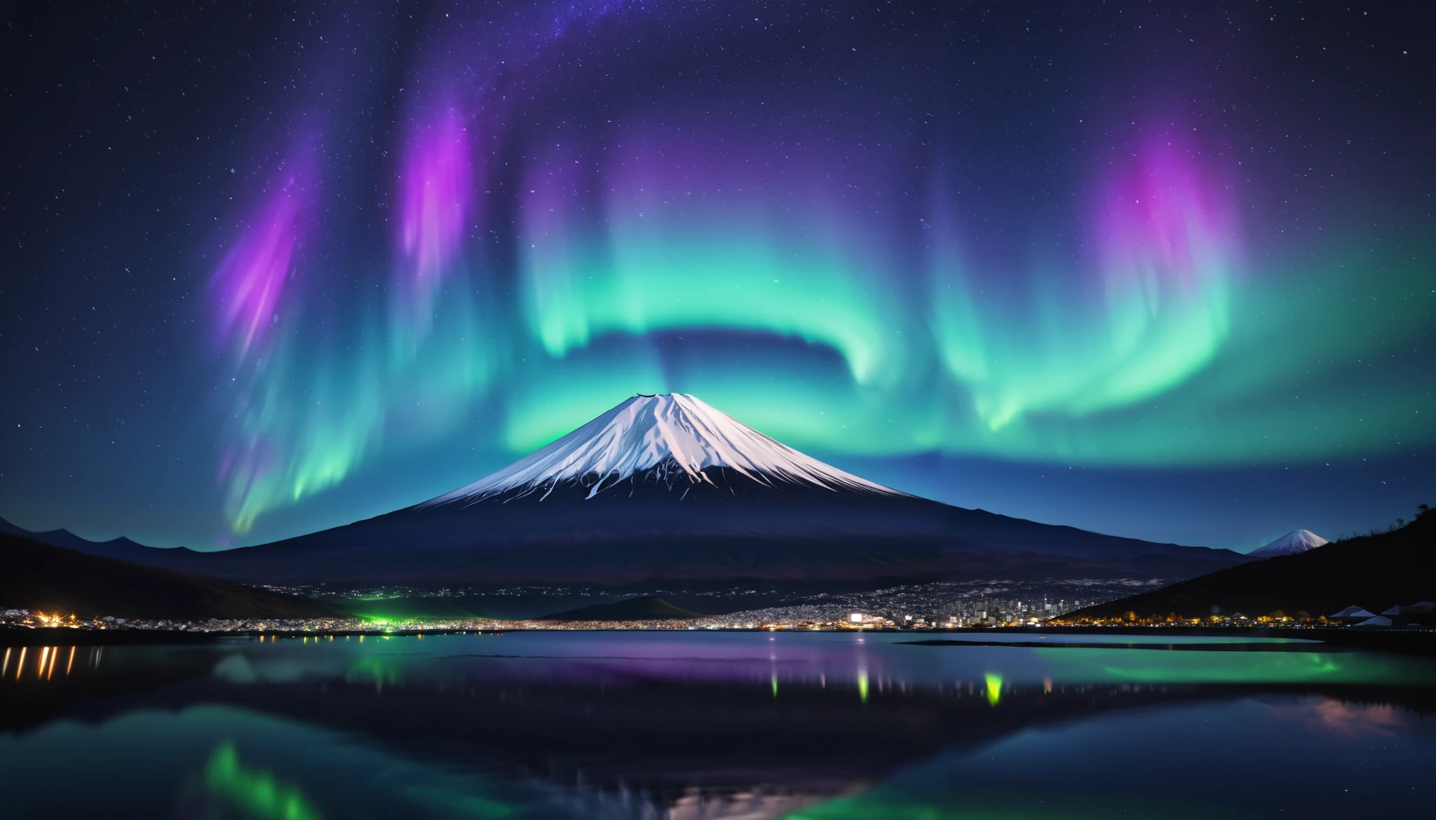 in ultra high quality, high definition , High Quality ,Spectacular views,(とてもThe giant Mt. Fuji up),A huge and realistic aurora dance that dazzles the night sky and covers the entire sky, sky full of stars,(The giant Mt. Fuji up),(Green and purple auroras ),An unbelievable number of stars々The brilliance,(A majestic, bright Milky Way star on a vast glacier々and the auroras shine are reflected )、(( the huge Mt. Fuji that rises in the center )),((The huge and majestic Mt. Fuji))、The glacier extends to the horizon 、 Jagged ice layers and snow-covered mountain peaks 、 reflects the colorful light above 。 BREAK The stars twinkle in the dark and clear sky 、 The surrounding landscape is wrapped in the surreal glow of the Milky Way 、 creates a mysterious atmosphere 。 BREAK The cool and clear air adds color to the landscape 、 snow shines in the milky way and the gentle light of auroras、 This frozen wilderness is so calm that it seems unearthly。An unbelievable amount of stars々,I can see lots of meteor showers ,