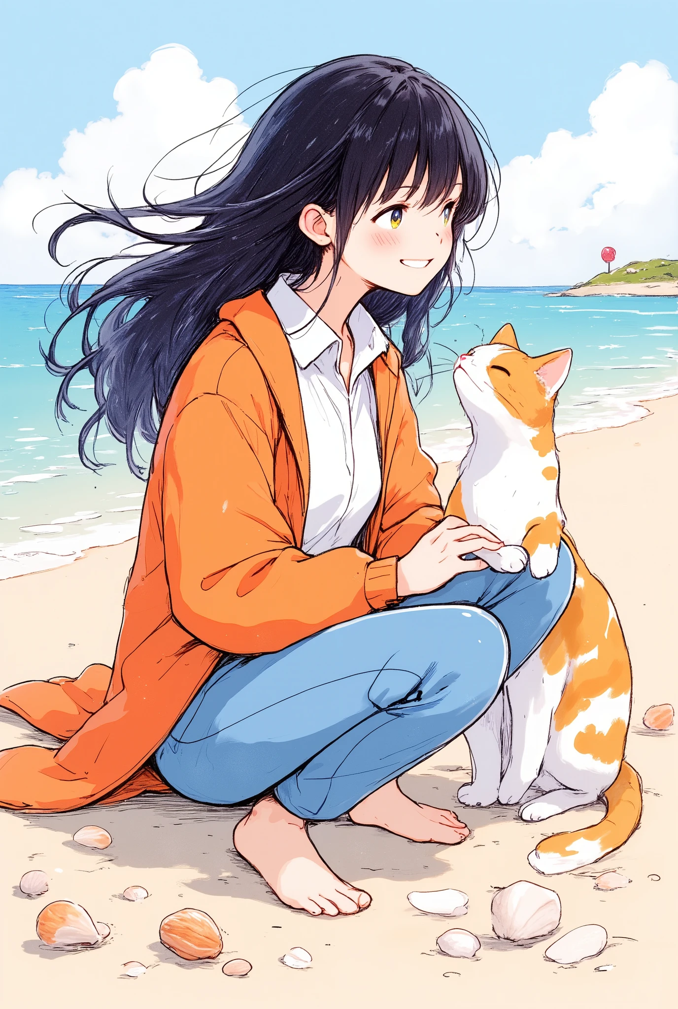 Masterpiece, illustration, vector art, little character , Japanese, 1 girl, shortcuts, black hair, detailed face,Orange jacket, white Y shirt,blue pants ,(smile:1.6),(A woman and a calico cat are playing with beautiful seashells:2.0),(The background is a sparkling sandy beach :2.0)