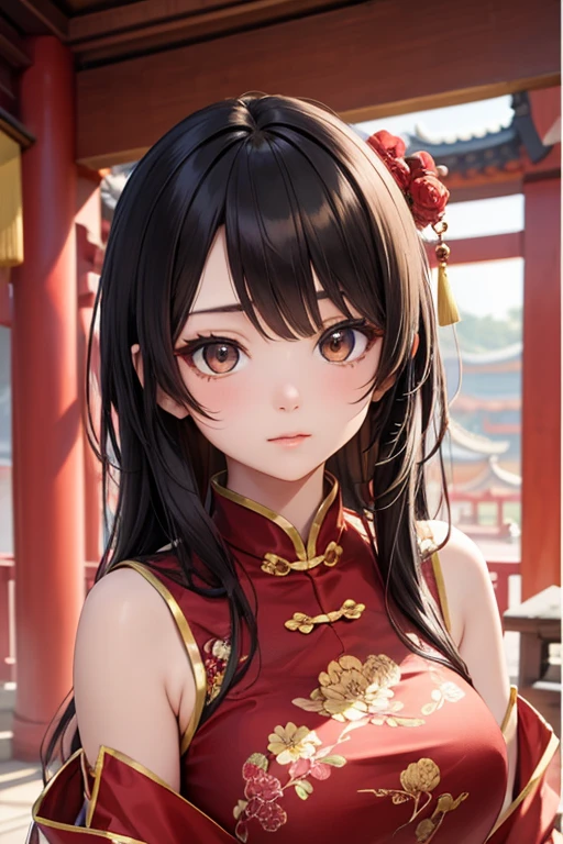 High resolution, 1 female, hip up, beautiful eyes, Ring-shaped eyes, jewelry, tattoo, Hanfu, chinese fairy, taoist uniform、cleavage、smile、Selfie angle、close up of face