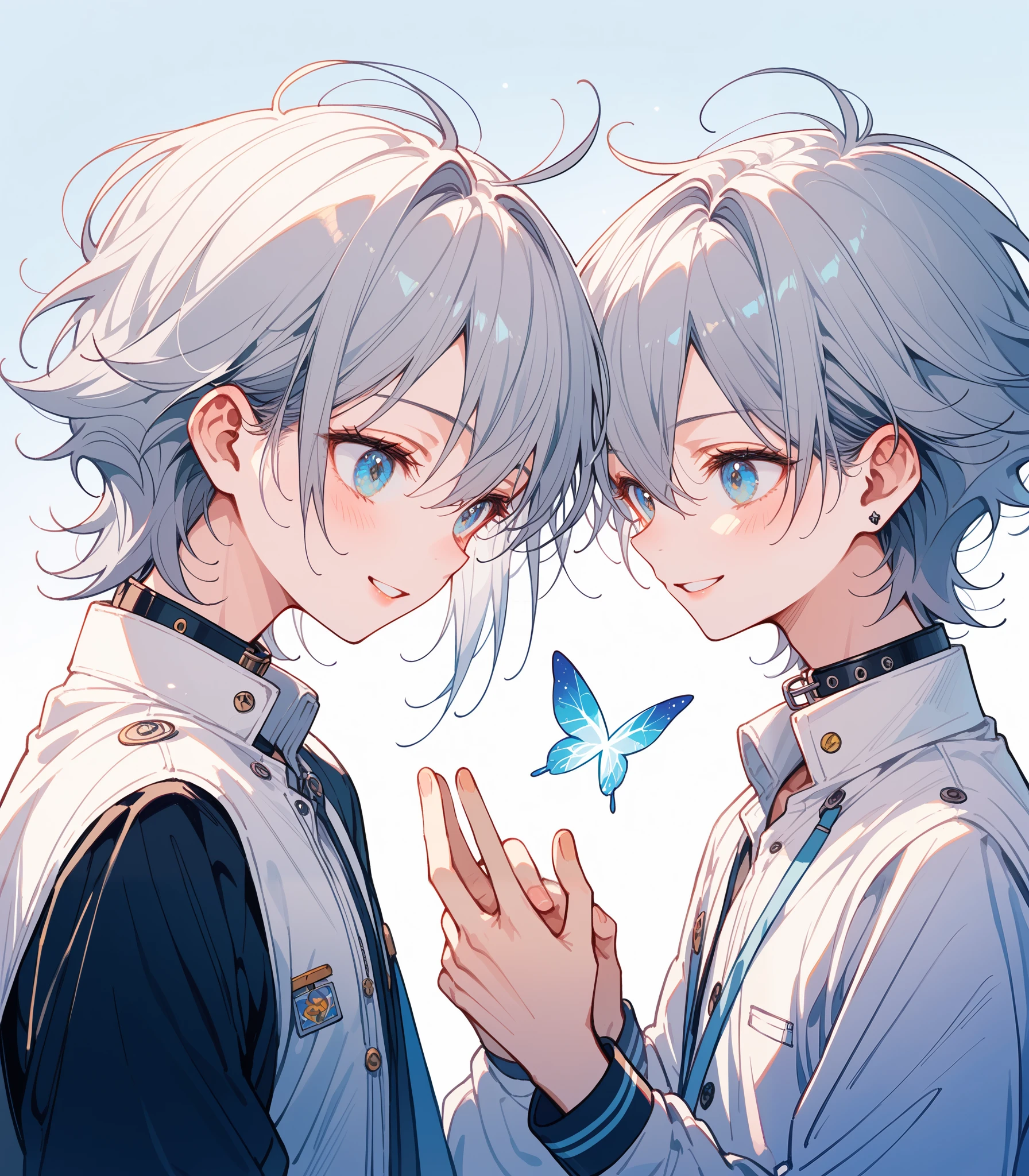masterpiece, (最 High Quality ), ( High Quality )、 With a quiet space in the background, two boys, twins、 gray hair、Go down 、 Medium Hair、Mirror Match 、They each have yellow and light blue eyes、 Noble White Clothes with Collars 、 cute、 (change:0.9), smile, Put Your Hands Through the Mirror、 Reach Out 、Look at each other、whole body、 Depth of Subject , cute boy, Best Body , blanking, high resolution, 4K, best upscale ,