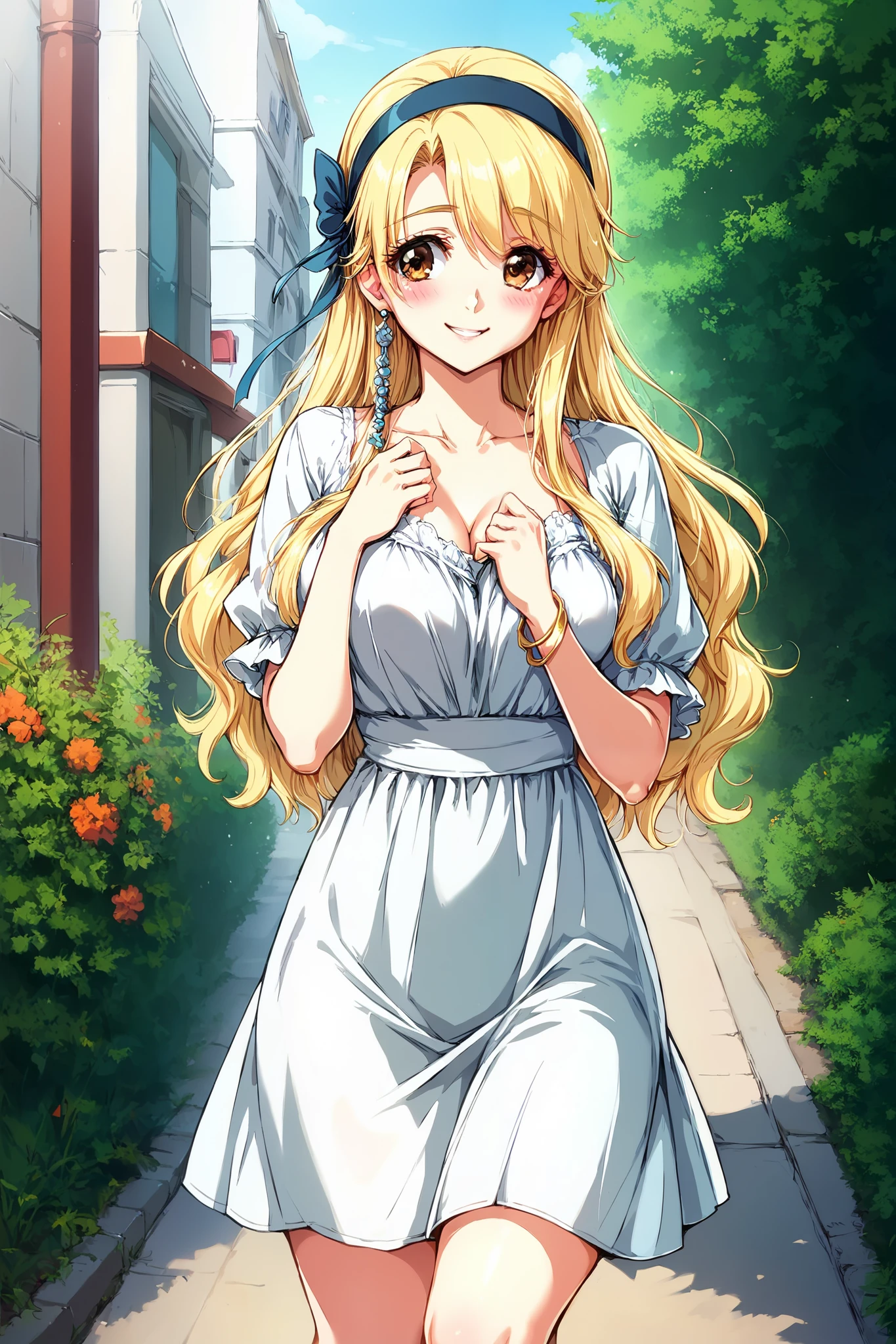 score_9, score_8_up, score_7_up, 1girl, long hair, blonde hair, brown eyes, curtained, curvy body, blush, smile, shy, hairband, white casual dress, girlfriend, outdoor, solo, good anatomy