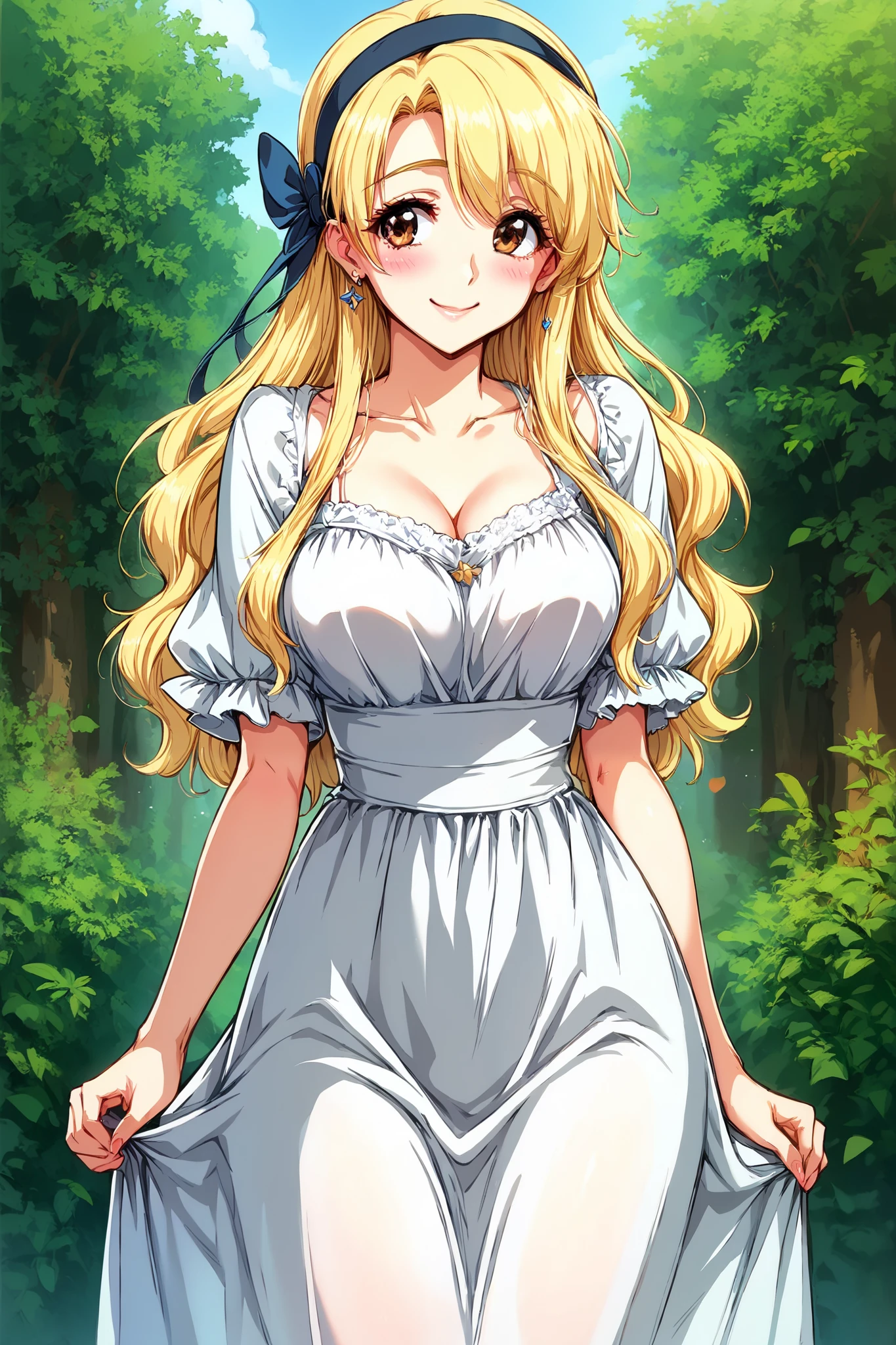 score_9, score_8_up, score_7_up, 1girl, long hair, blonde hair, brown eyes, curtained, curvy body, blush, smile, shy, hairband, white casual dress, girlfriend, outdoor, solo, good anatomy