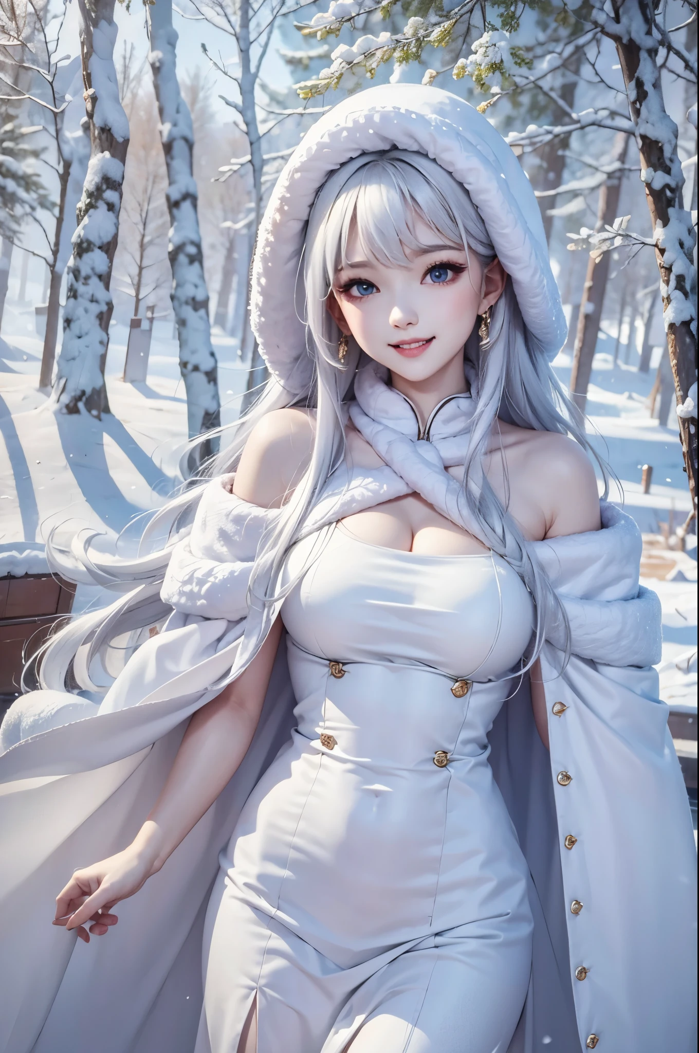 masterpiece、Highest quality、1 girl, winter, white hair, Cute girl, smile, close mouse, medium breasts, off shoulder, cleavage,  white dress, winter clothes, Fur coat、Small waist、Thin legs、outdoors, snow falling, in the forest and 湖