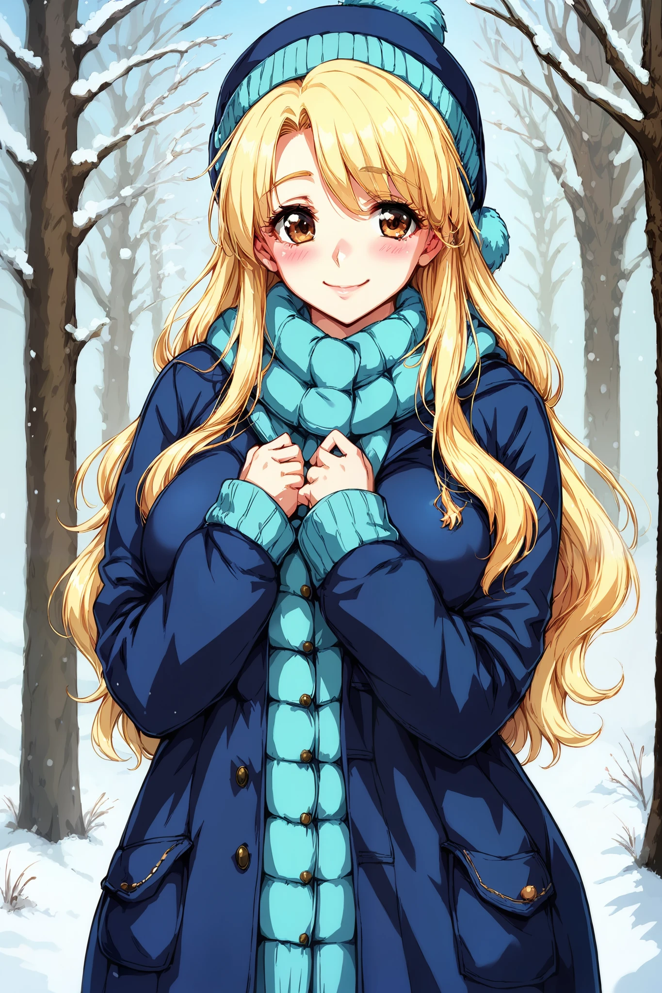 score_9, score_8_up, score_7_up, 1girl, long hair, blonde hair, brown eyes, curtained, curvy body, blush, smile, shy, winter suite, palying snow, solo, good anatomy