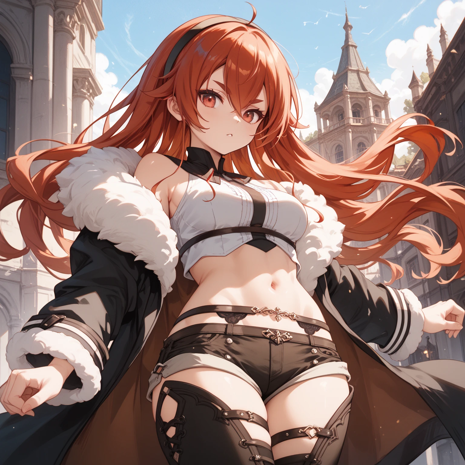 AdultEris, black hairband, red hair, red eyes, ahoge, sidelocks,hair between eyes, crossed bangs, thick eyebrows, stomach, navel, short shorts, sleeveless shirt, fur trim, thighhighs, white shirt, midriff, fur-trimmed jacket, black shoulder, bare shoulders, brown shorts, black shorts, long sleeves, crop top, underbust