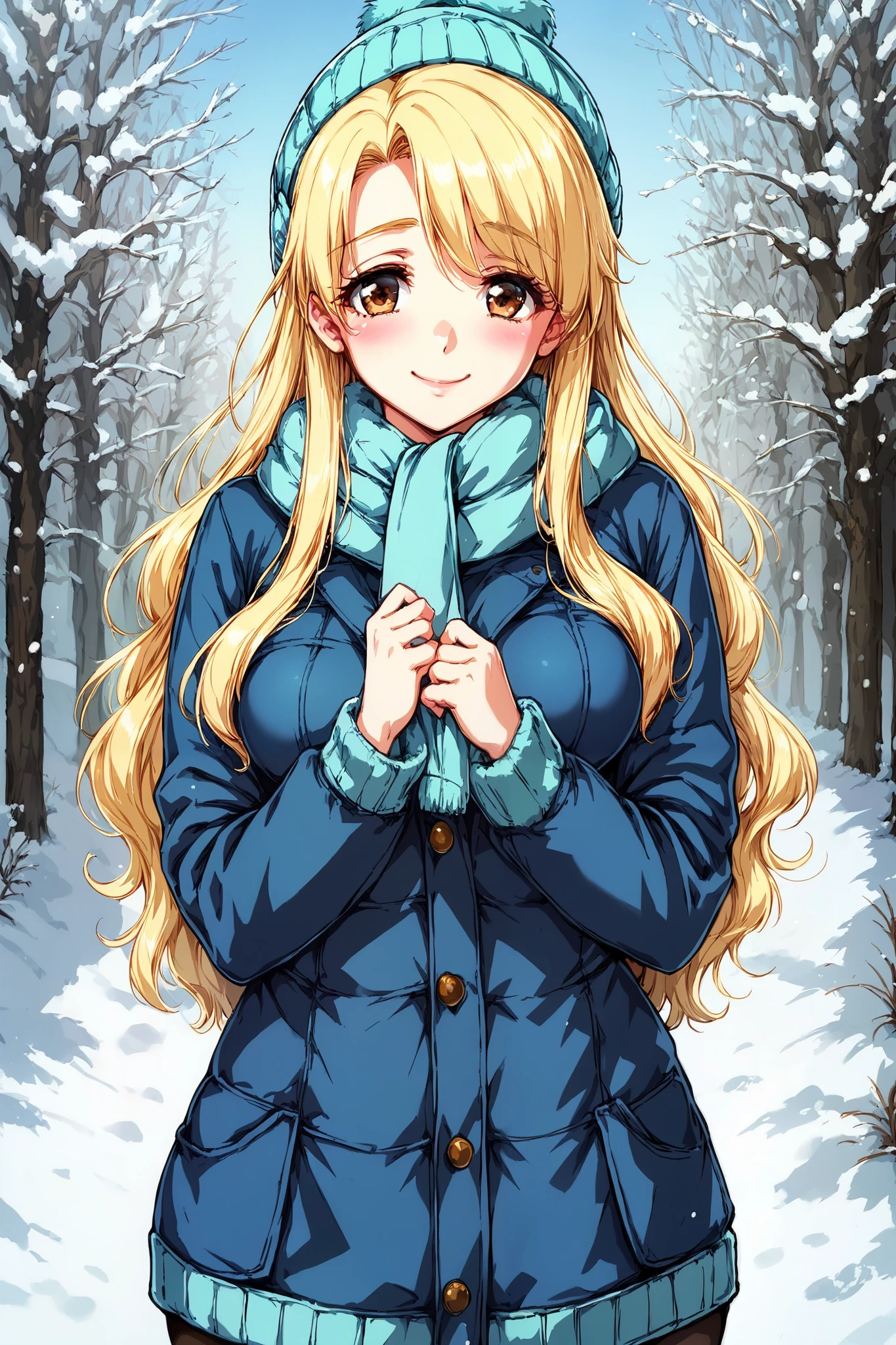 score_9, score_8_up, score_7_up, 1girl, long hair, blonde hair, brown eyes, curtained, curvy body, blush, smile, shy, winter suite, snow, solo, good anatomy