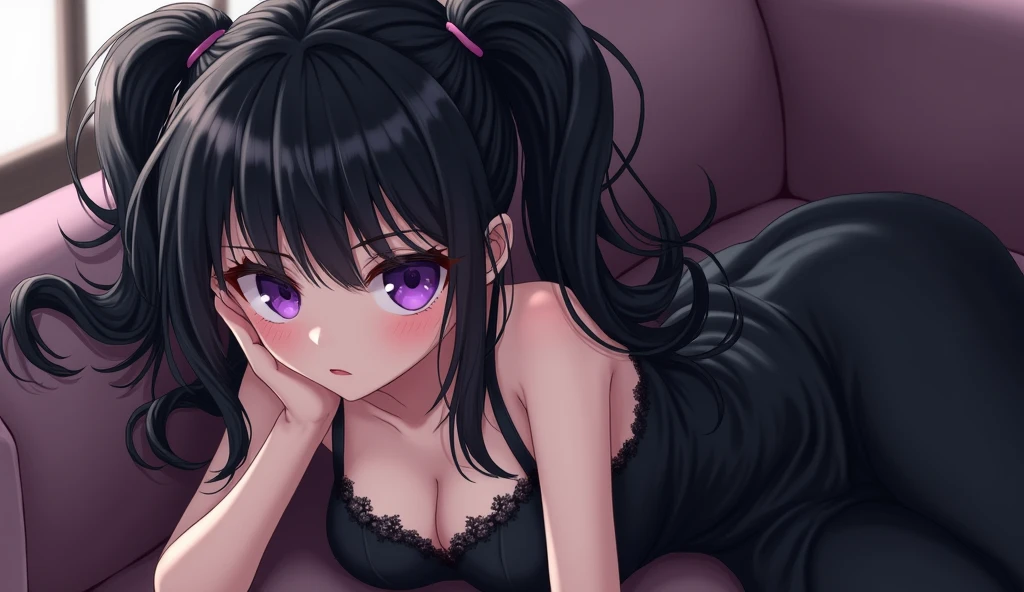 (A superb exquisite Chitanda Eru), (smiling face, happy expression, eyes closed), ((white background)), purple eyes, long black hair, natural straight hair, straight bangs, solo, [Small_breasts: large_breasts: 0.5], normal breasts, ((lying on her side, indoor)), extremely delicate, peerless beautiful girl, dreamy quality, exaggerated facial features, solid color, delicate face, bright lips, slender waist, straight curves, soft lights and shadows, super fine, 8K HD, (masterpiece:1.4), (finely detailed beautiful eyes: 1.2)