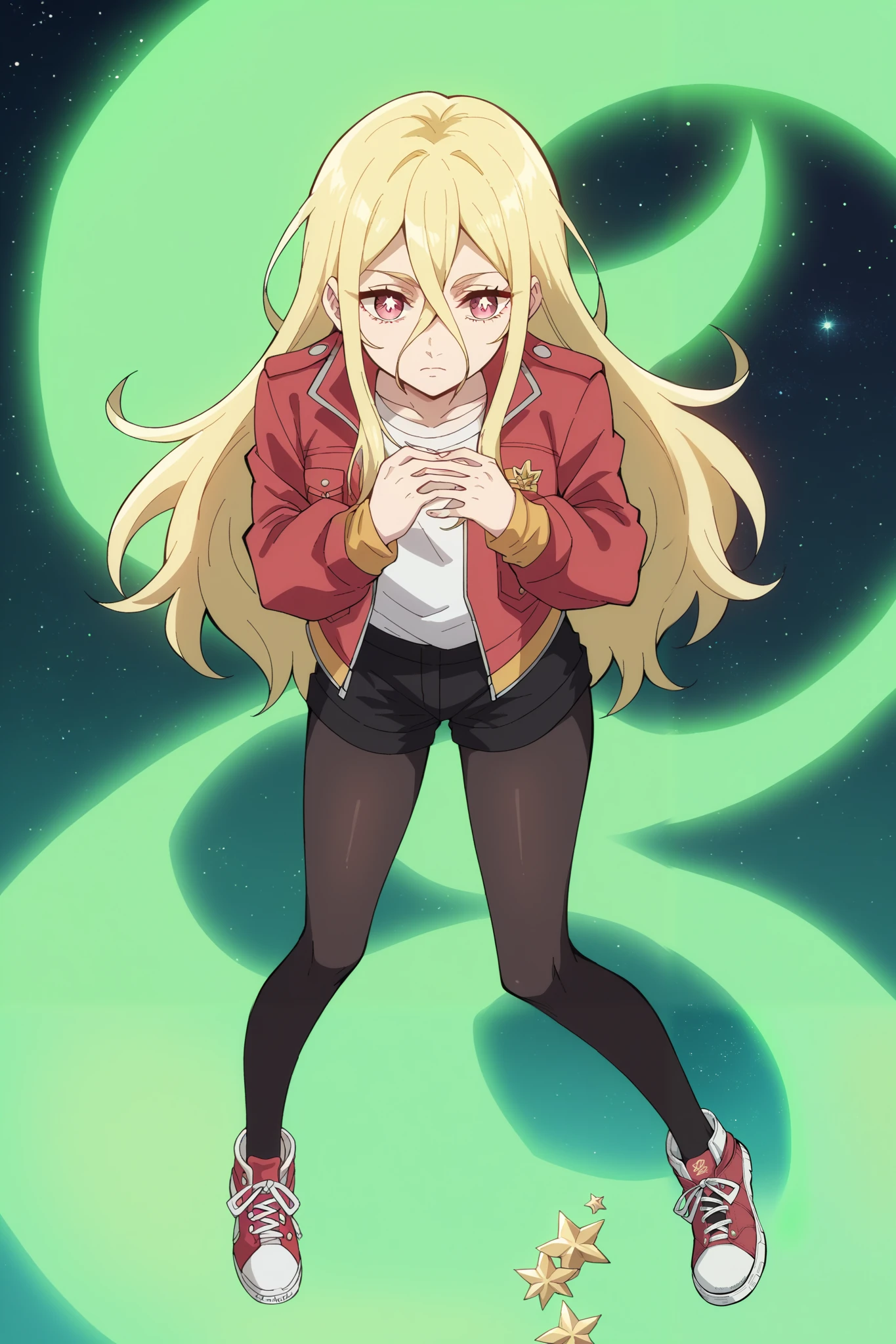 score_9, score_8_up, score_7_up, score_6_up, score_5_up, blonde facing the viewer , 1 girl, long-haired blonde, fragile, slim, light golden long hair , bangs on the forehead, hair between eyes , raspberry eyes , dark pink eyes , Warm jacket, warm shorts , warm tights , crimson sneakers , pressed her hands to her chest , light in the hands , full length style, lightning light green electrical discharges, green aura, green glow , in the background a huge sea wave , walks along the glowing green lines , around outer space , stars , planets, of the , Lots of Details