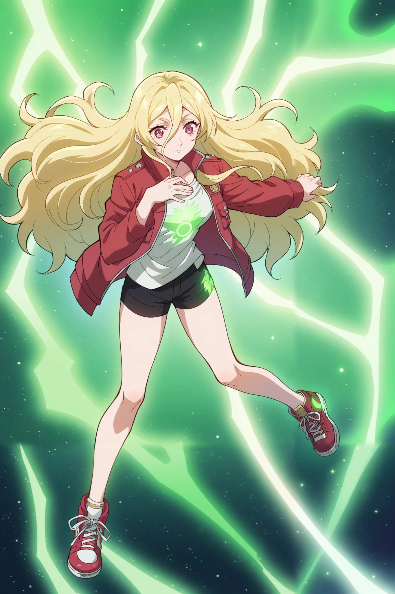 score_9, score_8_up, score_7_up, score_6_up, score_5_up, blonde facing the viewer , 1 girl, long-haired blonde, fragile, slim, light golden long hair , bangs on the forehead, hair between eyes , raspberry eyes , dark pink eyes , Warm jacket, warm shorts , warm tights , crimson sneakers , pressed her hands to her chest , light in the hands , full length style, lightning light green electrical discharges, green aura, green glow , in the background a huge sea wave , walks along the glowing green lines , around outer space , stars , planets, of the , Lots of Details