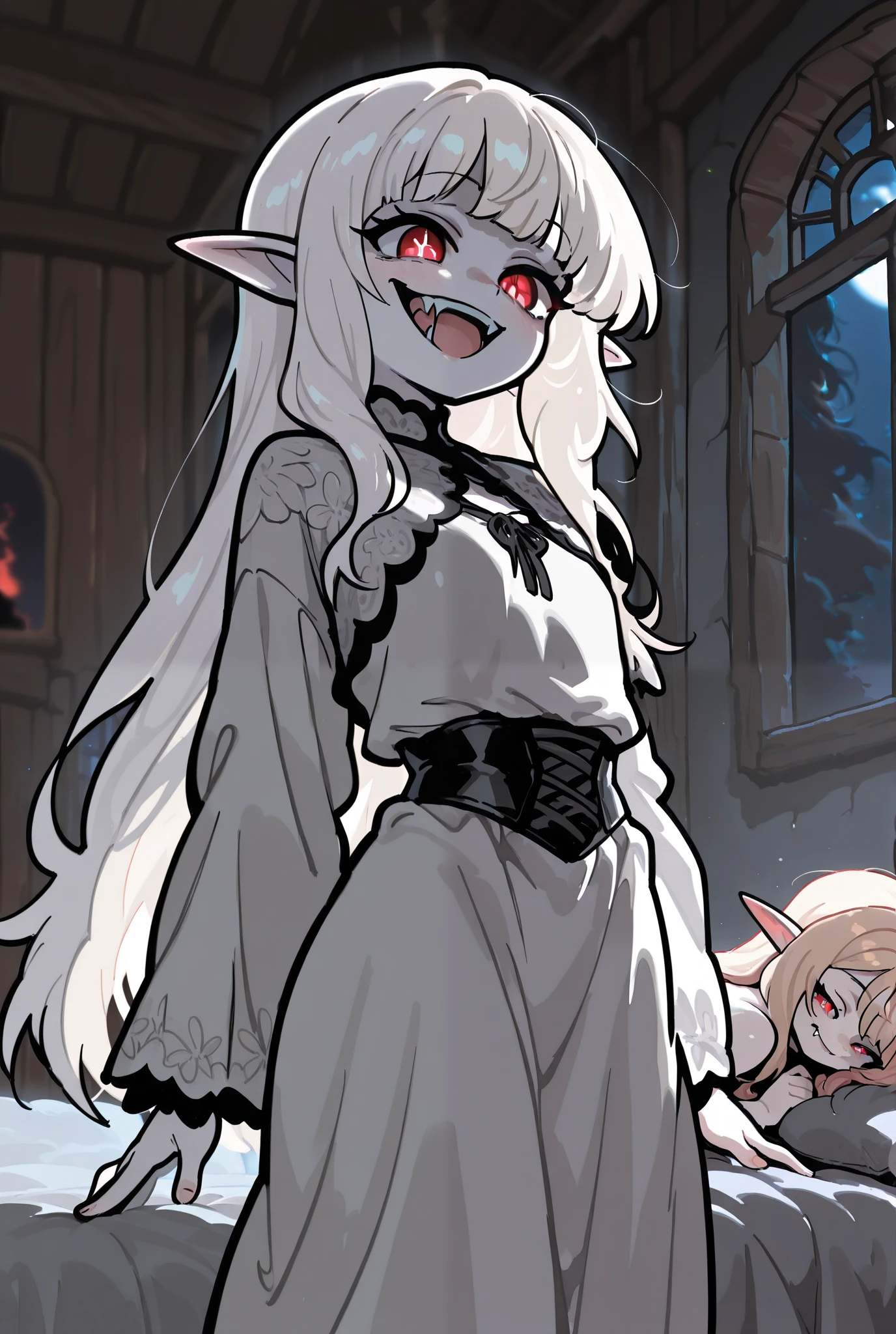 Long Hair, Closed Ears, White Hair, Red Eyes, fangs, Anime Style, Gothic, High Resolution, Flat , White Skin, 2 girl, bangs, Snake Pupils, Evil face,  crazy smile , The girl is standing near the bed ,  The girl is standing with her back to the bed , на улице Night,  the girl is illuminated only by the moon ,  The girl is dressed in black medieval clothes , The girl is standing near the bed , another girl's bloody body is lying on the bed,  The room in which the girl is standing is a medieval bedroom,  wooden room ,  another girl is lying on the bed, another girl is sleeping , the moon is shining through the window ,  there are no more light sources in the room, Night, picture dark ,  another blonde girl,  another elf girl 