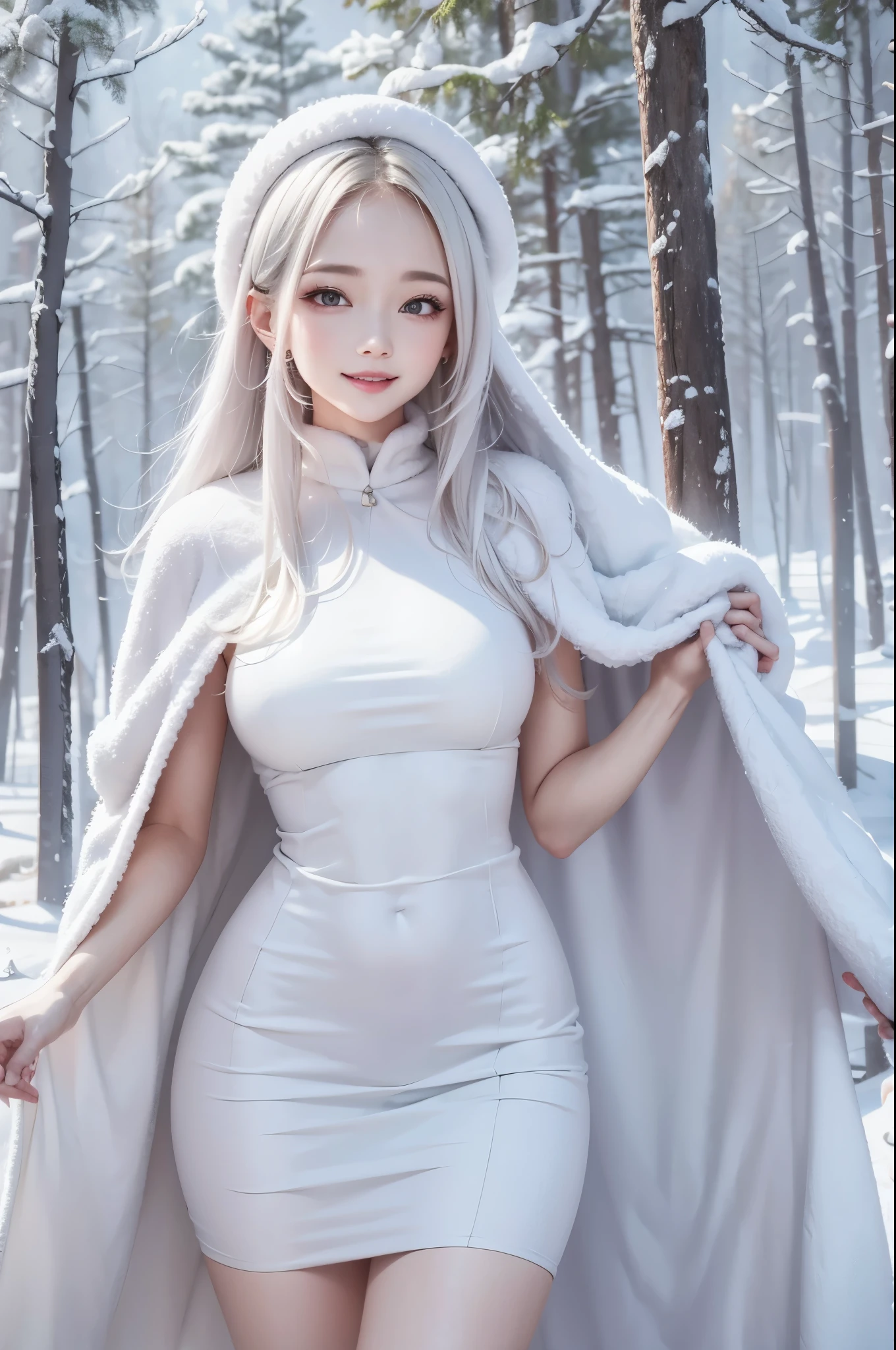 masterpiece、Highest quality、1 girl, winter, white hair, Cute girl, smile, close mouse, medium breasts, winter white clothes, Fur coat、Small waist、Thin legs、outdoors, snow falling, in the forest and 湖