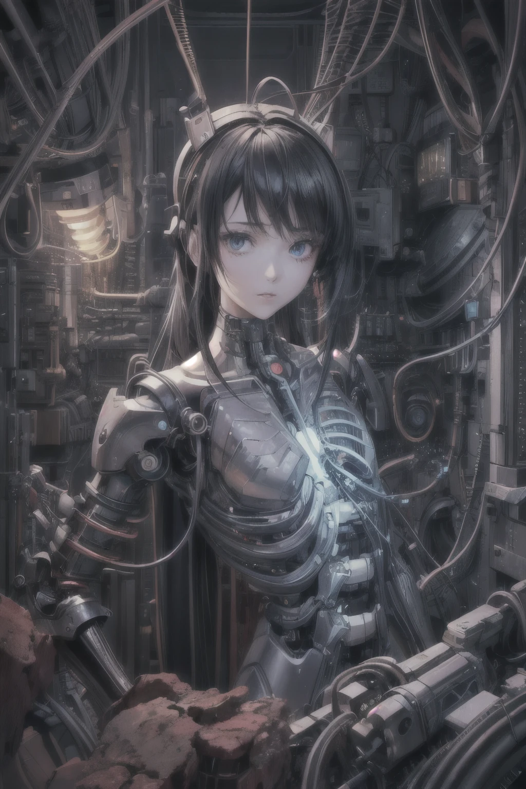 (((masterpiece))), ((highest quality)), (Super Detail), (CG illustration), (So evil and beautiful)), Cinematic Light, ((1. Mechanical Girl)), single, (Mechanical Arts: 1.4), ((Mechanical Limbs)), (Blood vessel attached to a tube), ((Mechanical spine attached to the back)), ((Mechanical cervical vertebrae attached to the neck), (Back to viewers)), Expressionless, ( Wires and cables connected to the head and torso: 1.5), SF, Apocalypse, What&#39;s left behind, (Lower body integrated with mechanical device), (Blood: 1.5), Cruelty, Confused, eroticism, Integration with machines, The End Times, Super Future, inorganic, Research Room, constrained, (Beautiful luxury: 1.2), (1 girl: 1.3), Body wrapped around the tentacles of a machine、The lower body is mechanical