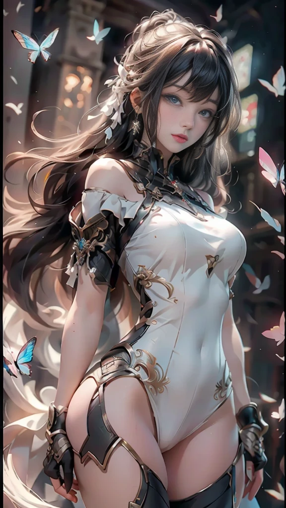 1 girl,((Ruined City)),((Red eyes)),BREAK,((白複雑なmechanicalボディスーツ)),headgear,(breasts),(mechanical,White thighhighs),(cleavage),(mechanical,elbow gloves),(mechanical,garter straps),(android),((gatling gun,Have)),(((dynamic angle))),((upper body)),(Expressionless),(wind:1.8),((fighting)),((walk)),(diffraction of light:1.2),(tyndall effect:1.2),(pale red lip:1.2),(fuller lips:1.3),(beeline:1.6),(sense of depth:1.6),(highest quality:1.6),(32K:1.6),(HDR1.6),(Ultra-high resolution:1.6),(RAW:1.6),(Realism:1.6),(masterpiece:1.6),(Intricate details:1.5),(Delicate and beautiful details:1.5),(Detailed eyes:1.1),(Detailed facial features:1.2),(glossy lips:1.3),(madeon:1.6),(perfect anatomy:1.6),(best illuminate:1.5),(cinematic shadows:1.5),(absolutely resolution:1.6),(incredibly absurdres:1.6),(highres:1.6),(refraction:1.3),(ultra detailed:1.6),