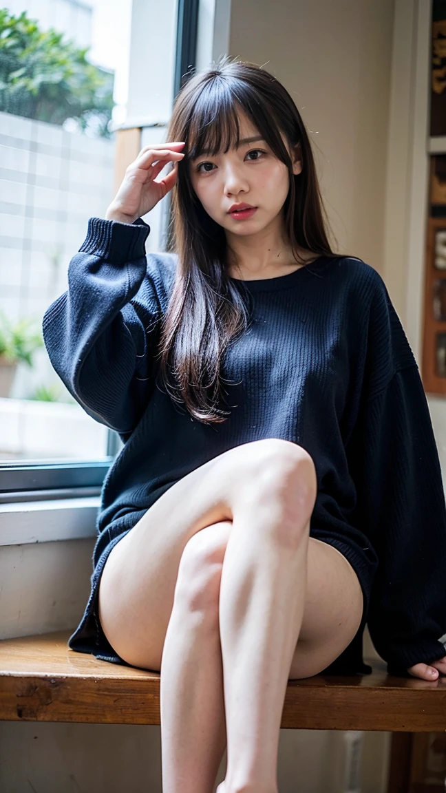 Baggy blue jersey、Sitting with legs crossed、Panties fully exposed、mini skirt、Black Hair