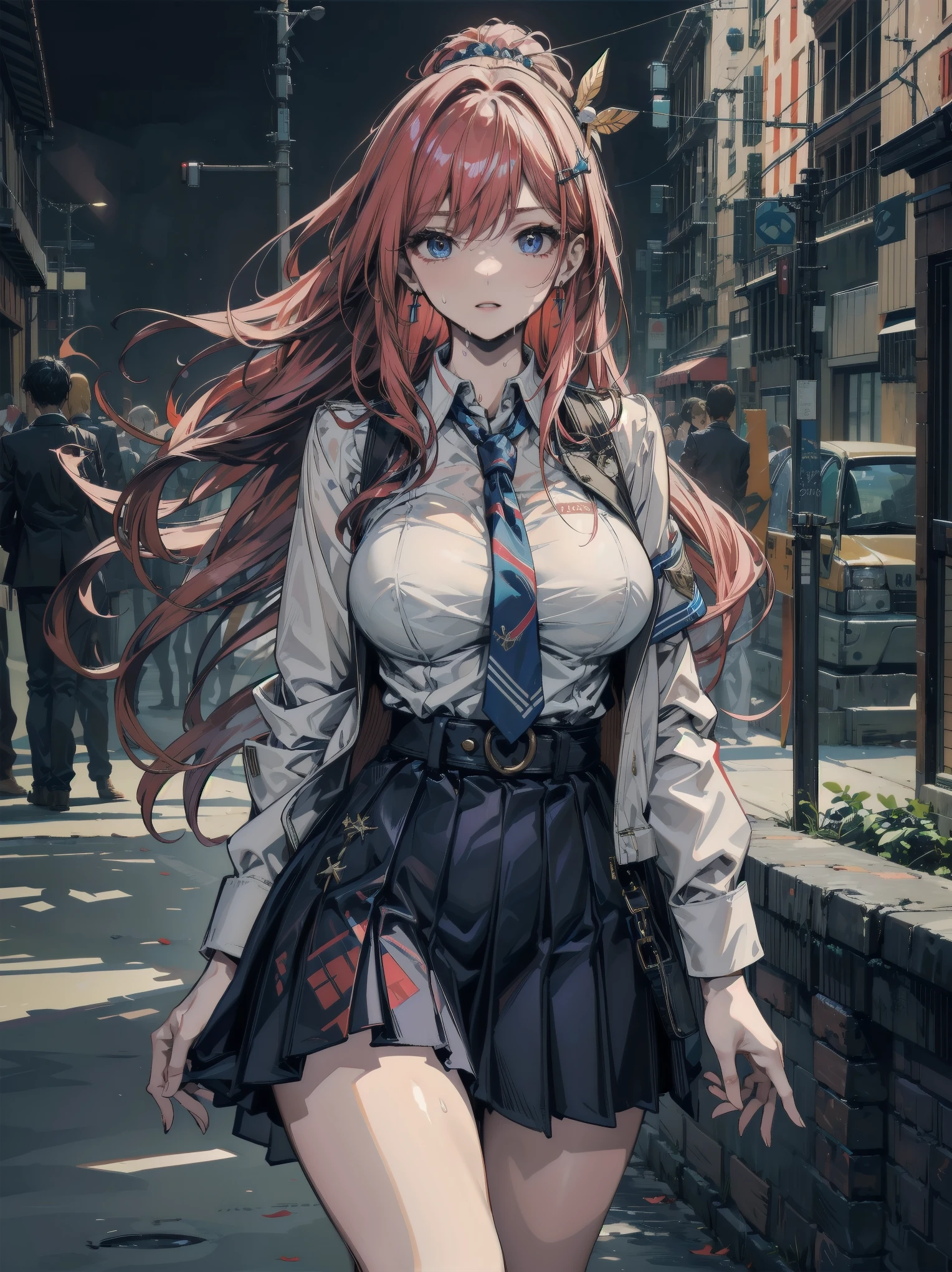 Ridiculous resolution，A high resolution，（tmasterpiece：1.4），Hyper-detailing，Pink Long Hair, 1girll, dual horsetail, Solo, red color eyes, Angry,  white necktie, Pleated plaid red skirt, Look at the phone，school uniform, Zombie role-playing，sobu，Zombie Doom，Zombie outbreak