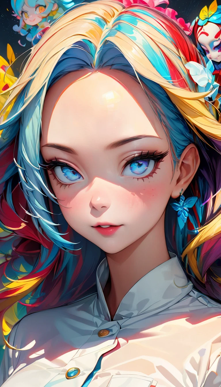 _James Jean, Figure féminine flottante faite de rubans, fumée, dans le ciel, coloré et vibrant, couleurs mystiques, impressionnisme contemporain, yanjun cheng portrait peinture, peinture irisée, 3/Vue en perspective 4, joli visage, angle bas, Composition circulaire et ample, de grands et beaux yeux de cristal, grandes iris, Ultra HD, HDR, 8K, (chef-d'œuvre:1. 5), (the most beautiful portrait in the world:1.5)