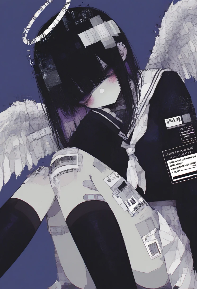 <lora:748cmSDXL:1>, best quality, masterpiece, 748cmstyle, 1girl, angel wings, white skirt, glitch, halo, bandaid on leg, black hair, barcode, school uniform, white neckerchief, black socks, long sleeves, medium hair, black shirt, dot mouth, white sailor collar, pleated skirt, serafuku, purple eyes, gauze, white wings, simple background, sitting, looking at viewer, blue background, blunt bangs, pale skin, sleeves past wrists, blush, long bangs, feet out of frame, kneehighs, feathered wings, ear piercing, knees up, no mouth, english text, bandaid on knee, colored inner hair, head tilt, bandages, empty eyes, sidelocks, purple background