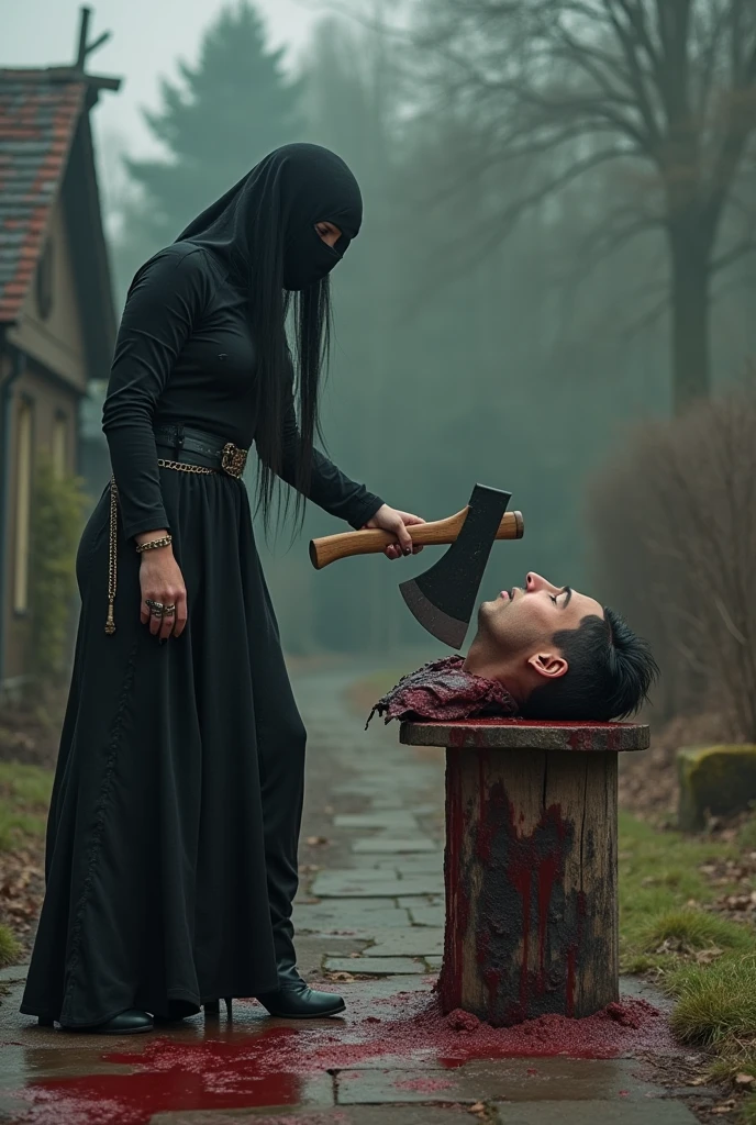 Realistic, A very beautiful muslimah styles graceful girl knife, cut throat A boy prisoner blindfold neck bloody splash, full body, wide open throat, throat contents