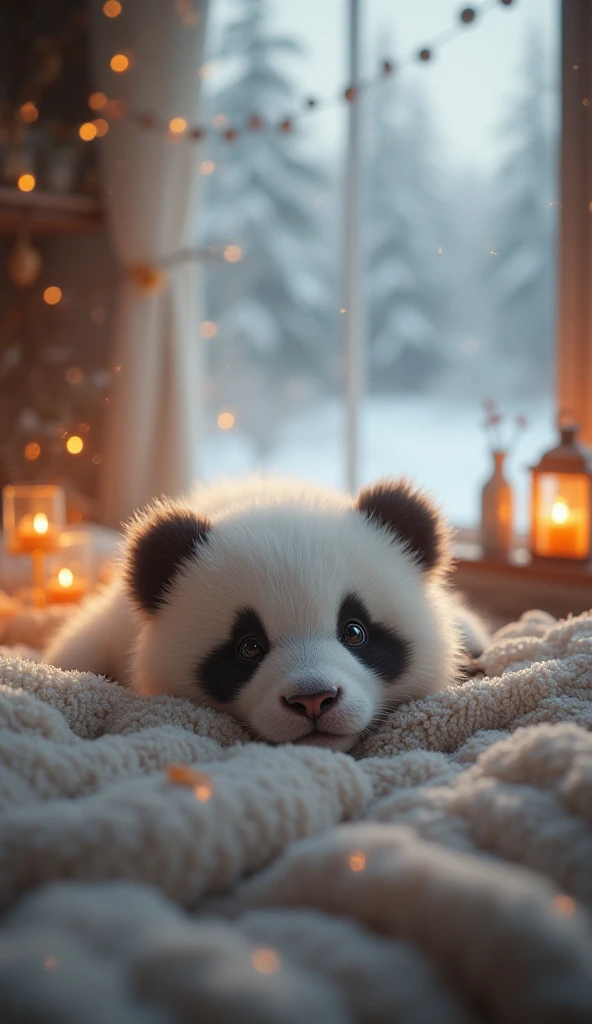Baby panda pattern white fluffy cute fluffy with cute features and fluffy fur, lying on a small soft bed in a cozy house , in the light of a lantern , candles , of snow outside the window .