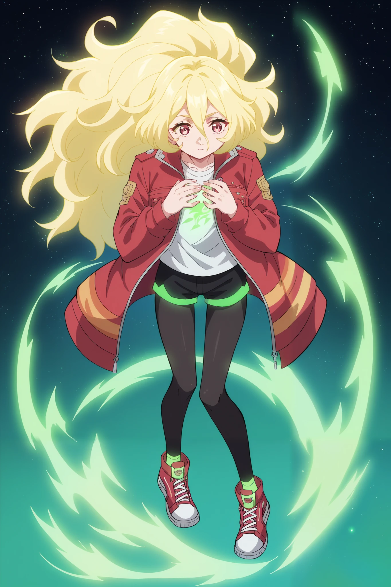 score_9, score_8_up, score_7_up, score_6_up, score_5_up, blonde facing the viewer , 1 sixteen year old girl, long-haired blonde, fragile, slim, light golden long hair , bangs on the forehead, hair between eyes , raspberry eyes , dark pink eyes , Warm jacket, warm shorts , warm tights , crimson sneakers , pressed her hands to her chest , light in the hands , full length style, lightning light green electrical discharges, green aura, green glow , in the background a huge sea wave , walks along the glowing green lines , around outer space , stars , planets, of the , Lots of Details