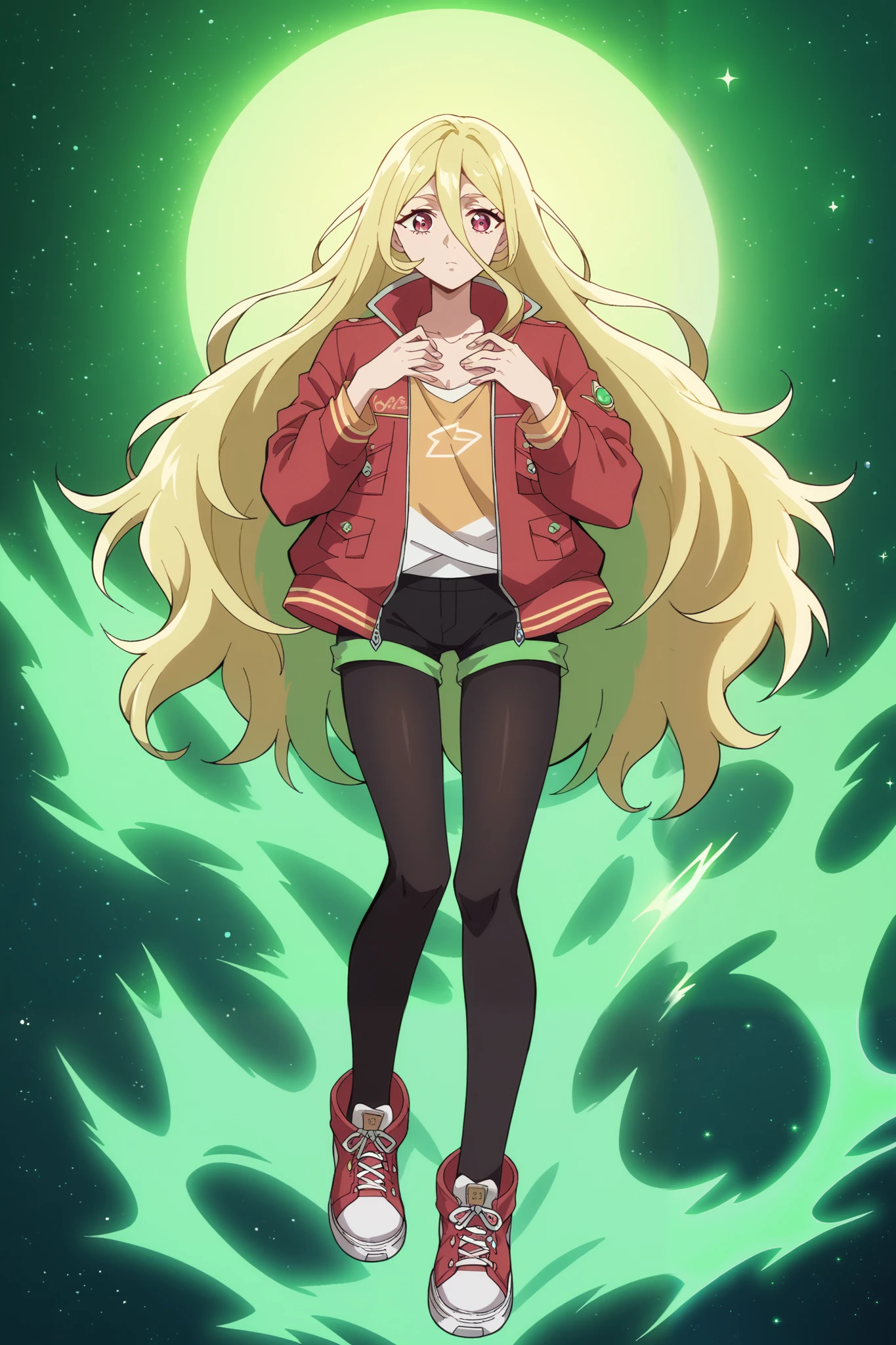 score_9, score_8_up, score_7_up, score_6_up, score_5_up, blonde facing the viewer , 1 girl, long-haired blonde, fragile, slim, light golden long hair , bangs on the forehead, hair between eyes , raspberry eyes , dark pink eyes , Warm jacket, warm shorts , warm tights , crimson sneakers , pressed her hands to her chest , light in the hands , full length style, lightning light green electrical discharges, green aura, green glow , in the background a huge sea wave , walks along the glowing green lines , around outer space , stars , planets, of the , Lots of Details