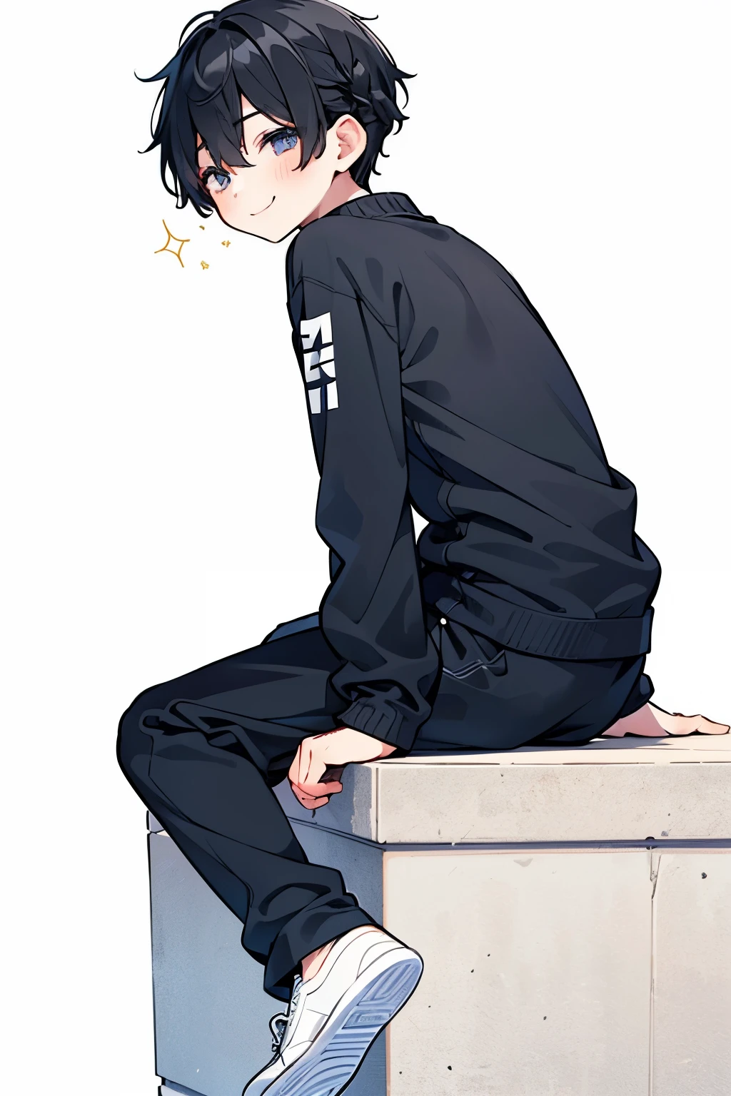 ((1-boy :1.5)),black hair,(very short hair:1.0),braid hair,(odd-eyes:0.85),((Kirakira eyes :1.0)), playful smile ,Loungewear,(looking back:0.8),(Provocative viewpoint:1.0), thick soled sneakers ,((kawaii))