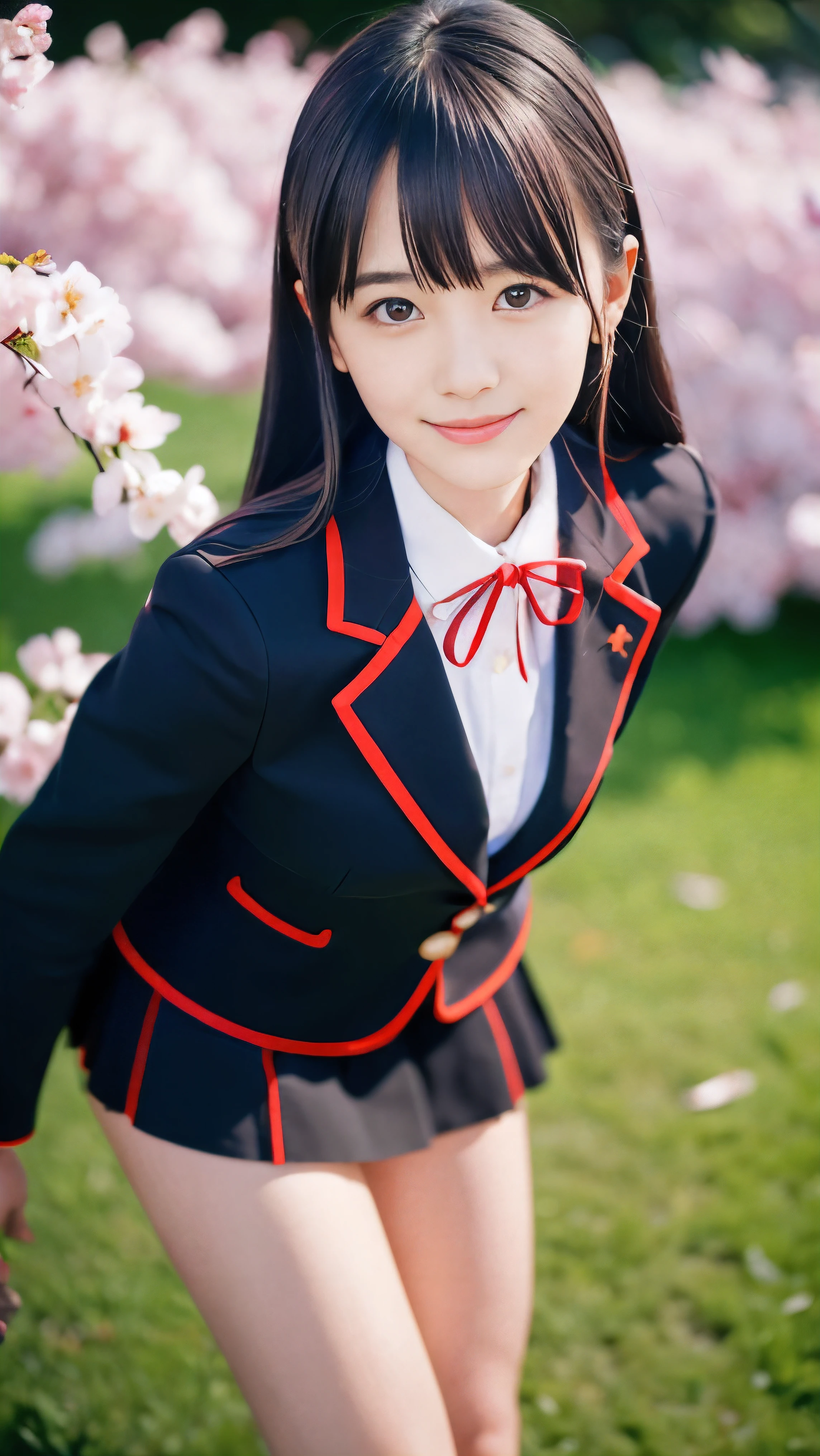 (High angle shot of one slender small breasts dark silver long hair with swept bangs girl in a black blazer uniform with a red trimmed collar and black skirt:1.5)、(A girl is looking back in the park with small smile:1.5)、(Beautiful sky and cherry blossoms in full bloom in Japan:1.5)、(Uniform with a black blazer and a black skirt with a red edging collar:1.5)、(blurred background:1.5)、(Natural light:1.5)、(8k ultra detailed master piece:1.5)、(perfect anatomy:1.5)、(Photorealistic stick:1.5)、(Raw photo:1.3)、(highest quality:1.5)、(High resolution:1.3)、(Delicate and beautiful perfect face:1.3)、(Delicate and beautiful eye air skin:1.3)、(Real Human Skin:1.3)、((thin legs))