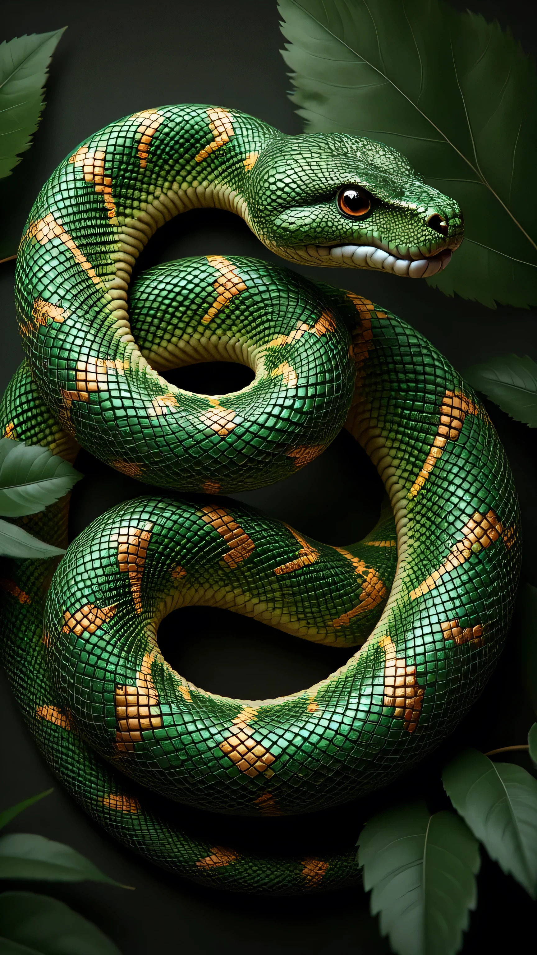 A coiled bush viper, smooth scaly skin, flowing organic lines, soft diffused lighting, top-down perspective, no head visible, no eyes shoing, dark background, macro photography style, pamsnakeskin,(best quality,4k,8k,highres,masterpiece:1.2),ultra-detailed,(realistic,photorealistic,photo-realistic:1.37),extremely detailed scales,intricate skin textures,vibrant emerald green,shades of gold and ochre,natural lighting,seamless gradients,minimalist backdrop,close-up view