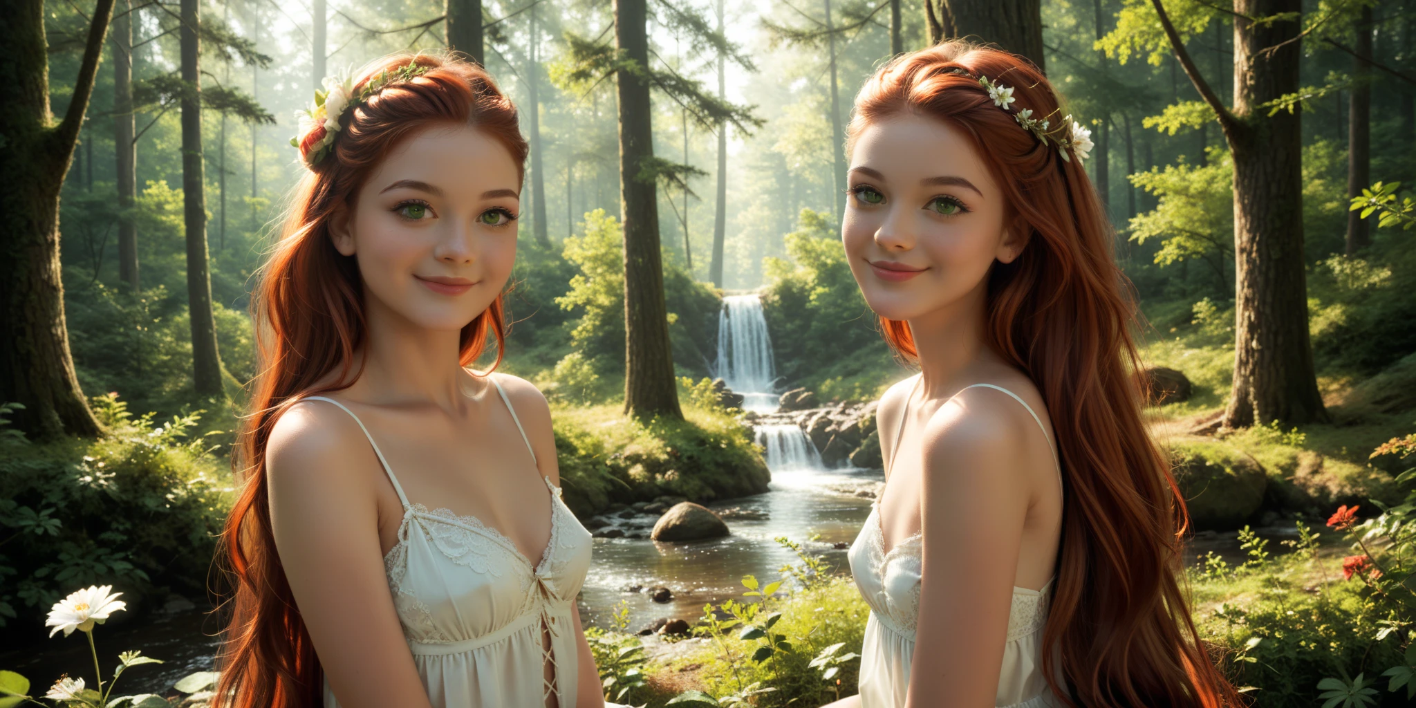 Beutiful red head girl sitting on the stone, girl is with wedding dress and playing the water with her legs,the river is next to her,realistic, 8k graphic, 8k resolution((pretty smile,tight,tall,long hair,white skin))