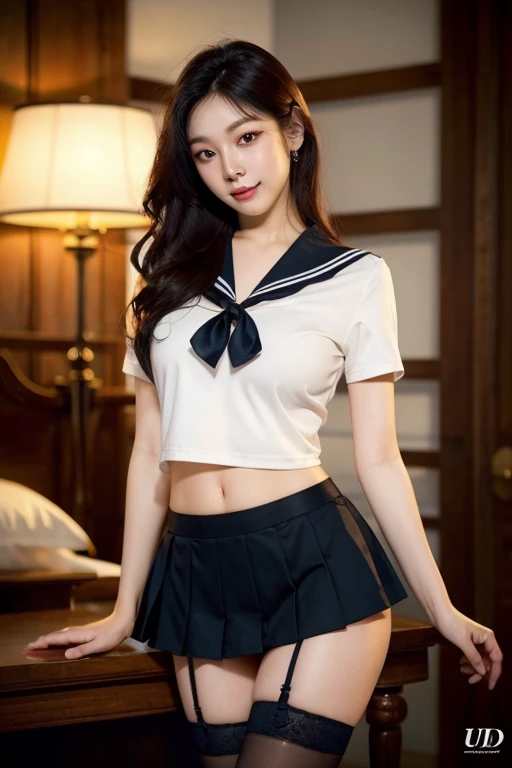 Standing、One beautiful woman、Japanese Idols、18-year-old、、Sailor suit、sexy、Big Breasts、Thin legs、Long legs、Stylish、Black knee-high socks、highest quality、High quality、Facial details、Straight Hair、Brown eyes、Japanese Classroom(nsfw)