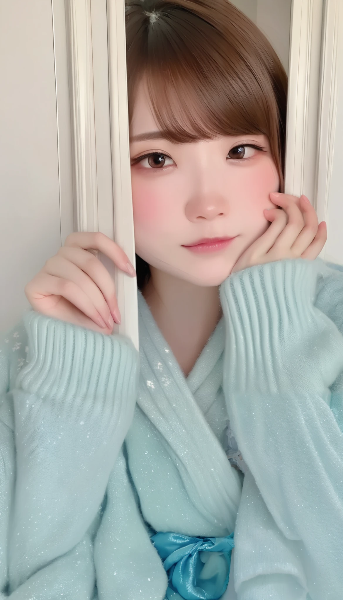  photo of a girl wearing Frozen themed panties and Olaf's winter sweater,   Japanese,  Highly Detailed Clothes 、Face in center of photo ,  cute face,  expressionless , I'm ashamed, 