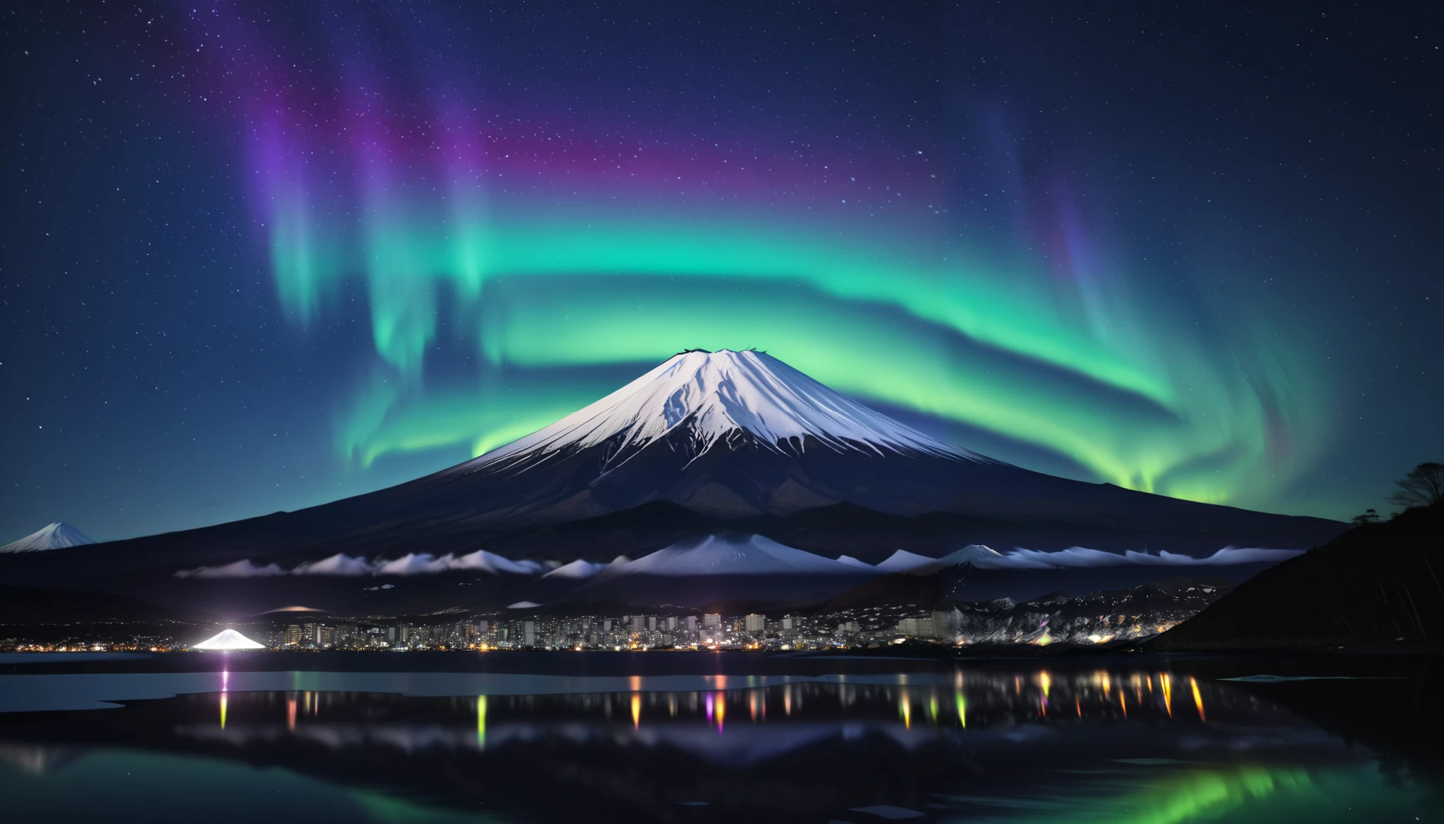 in ultra high quality, high definition , High Quality ,Spectacular views,(とてもThe giant Mt. Fuji up),A huge and realistic aurora dance that dazzles the night sky and covers the entire sky, sky full of stars,(The giant Mt. Fuji up),(Green and purple auroras ),An unbelievable number of stars々The brilliance,(A majestic, bright Milky Way star on a vast glacier々and the auroras shine are reflected )、(( the huge Mt. Fuji that rises in the center )),((The huge and majestic Mt. Fuji))、The glacier extends to the horizon 、 Jagged ice layers and snow-covered mountain peaks 、 reflects the colorful light above 。 BREAK The stars twinkle in the dark and clear sky 、 The surrounding landscape is wrapped in the surreal glow of the Milky Way 、 creates a mysterious atmosphere 。 BREAK The cool and clear air adds color to the landscape 、 snow shines in the milky way and the gentle light of auroras、 This frozen wilderness is so calm that it seems unearthly。An unbelievable amount of stars々,I can see lots of meteor showers ,