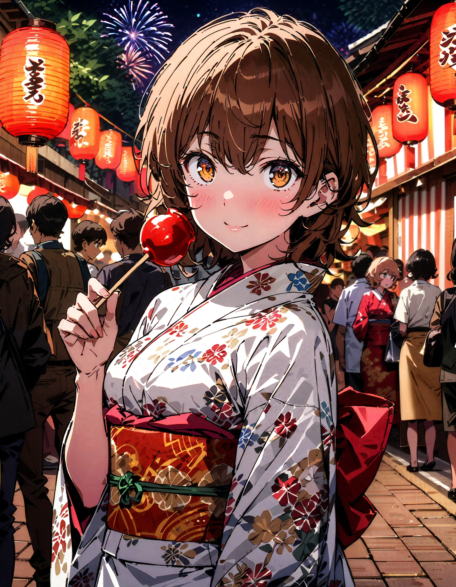 Liliru Card, Lilyrka is burning , brown eyes, tea hair, short hair while on a business trip, smile,blush, mouths, small boobs,日本のfestival,夏festivalの屋台, red lanterns,Fireworks in the night sky, fireworks,The location is the fireworks festival.,The time is night, holding a stick with a candy apple on it with one hand,The white flower pattern kimono , white long skirt,whole bodyがイラストに入るように,
break looking at viewer,whole body,
break indoors,festival,
break (masterpiece:1.2), best quality , kampala,unity 8k wallpaper,(shape:0.8),( fine, beautiful eyes :1.6),It's a person ,whole body写真,CG Details , (perfect hand, complete anatomy),