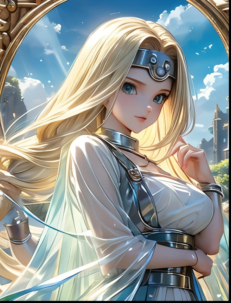 (((SFW、Accuracy、Highest quality、 A first-class masterpiece 、 Normal body 、8k、 detailed face 、 super precision 、 Normal Hands 、5 fingers、Highest)))、" DRAGON QUEST"、Mireille、Mireyu、 Blonde、 Straight Long Hair、Big Breasts、 slender、ultra-thin transparent sheer sheer coat、 CIRCLET 、whip