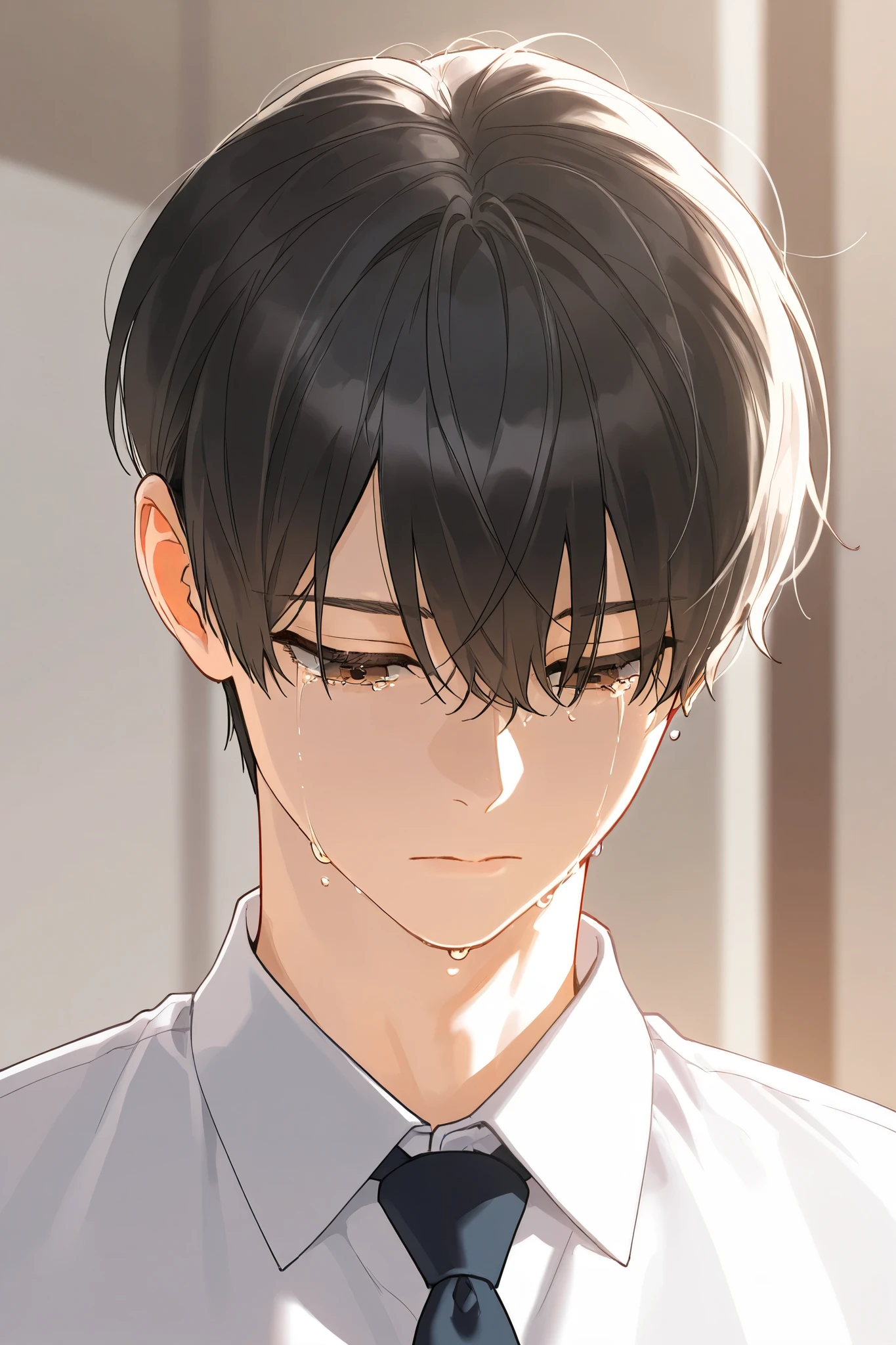 masterpiece, best quality, highest resolution, portrait,1male, solo, under cut, black hair, brown eyes, dress shirt,tie, wide view, expressionless, look down, small crying,