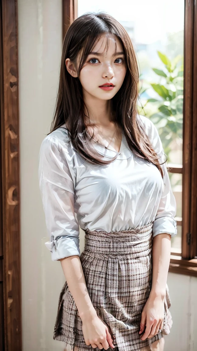 8K, Highest quality, masterpiece, Ultra-high resolution, (Realistic:1.4), whole body、RAW Photos, ((Long brown straight hair, See-through bangs))), Beautiful Details 1 Girl, (Realistic:1.4), High-resolution RAW color photos, Professional photos, Highly detailed eyes and face, Natural light, Facial details, White skin, Shiny skin, Tight waist, Small Ass, Thin legs,Natural Breasts, Nice body, (((図書館でI read the book、I read the book、He has his face turned to the book)))、Bookshelf、((White shirt、Navy blue 、Wearing glasses))、Young round face、Sit with your legs spread wide、