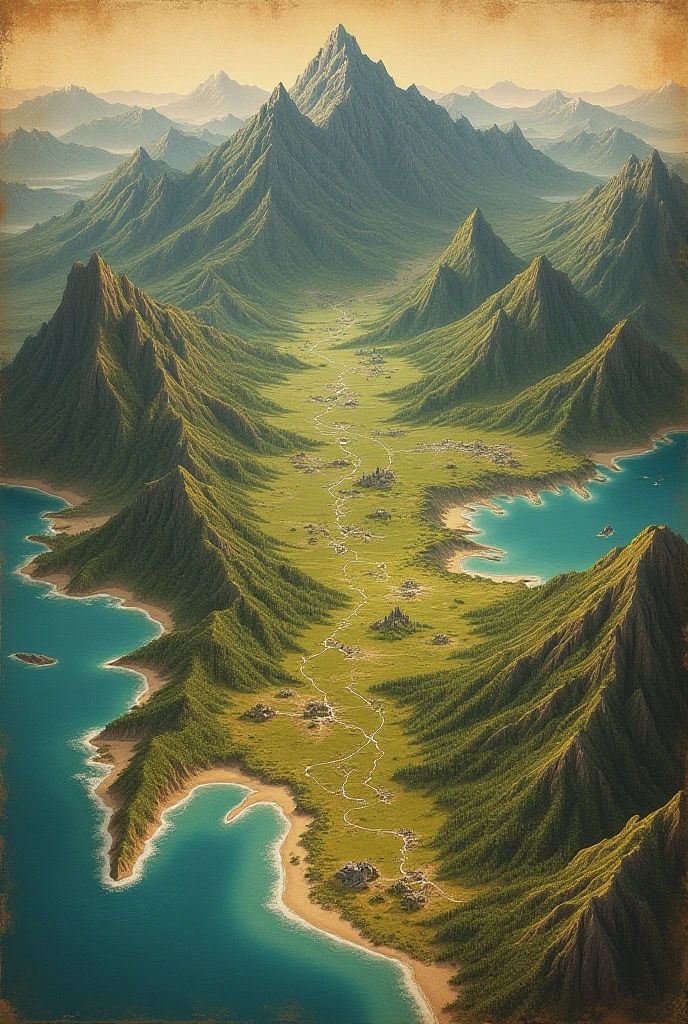 An old map with forests in the north , a coast in the south and fields in between , as well as a mountain in the east and a lonely mountain in the west