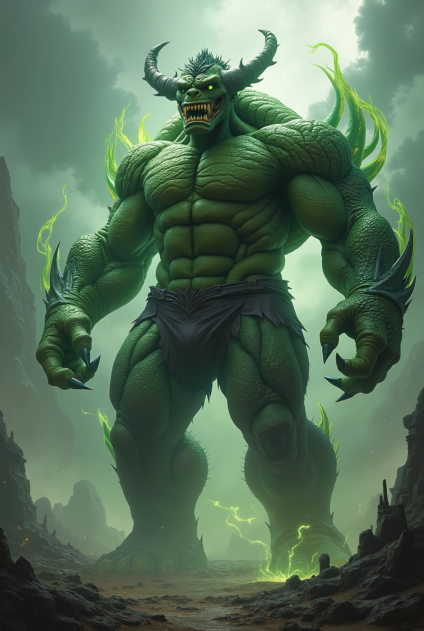 Doomsday's appearance is a terrifying fusion of his monstrous physique and the remnants of what he wears. His massive, muscular body is covered in grey, rock-like skin, with sharp, bony protrusions jutting out from his knuckles, elbows, shoulders, and knees. He often wears tattered, minimalistic armor, usually consisting of shredded green shorts or a loincloth, which barely covers him and emphasizes his brutal nature. The remnants of these battle-worn garments hang from his hulking frame, further enhancing his savage, indestructible look. His face is equally fearsome, with glowing red eyes, a snarling expression, and bone spikes protruding from his chin and jawline, making him look like the embodiment of unstoppable destruction.