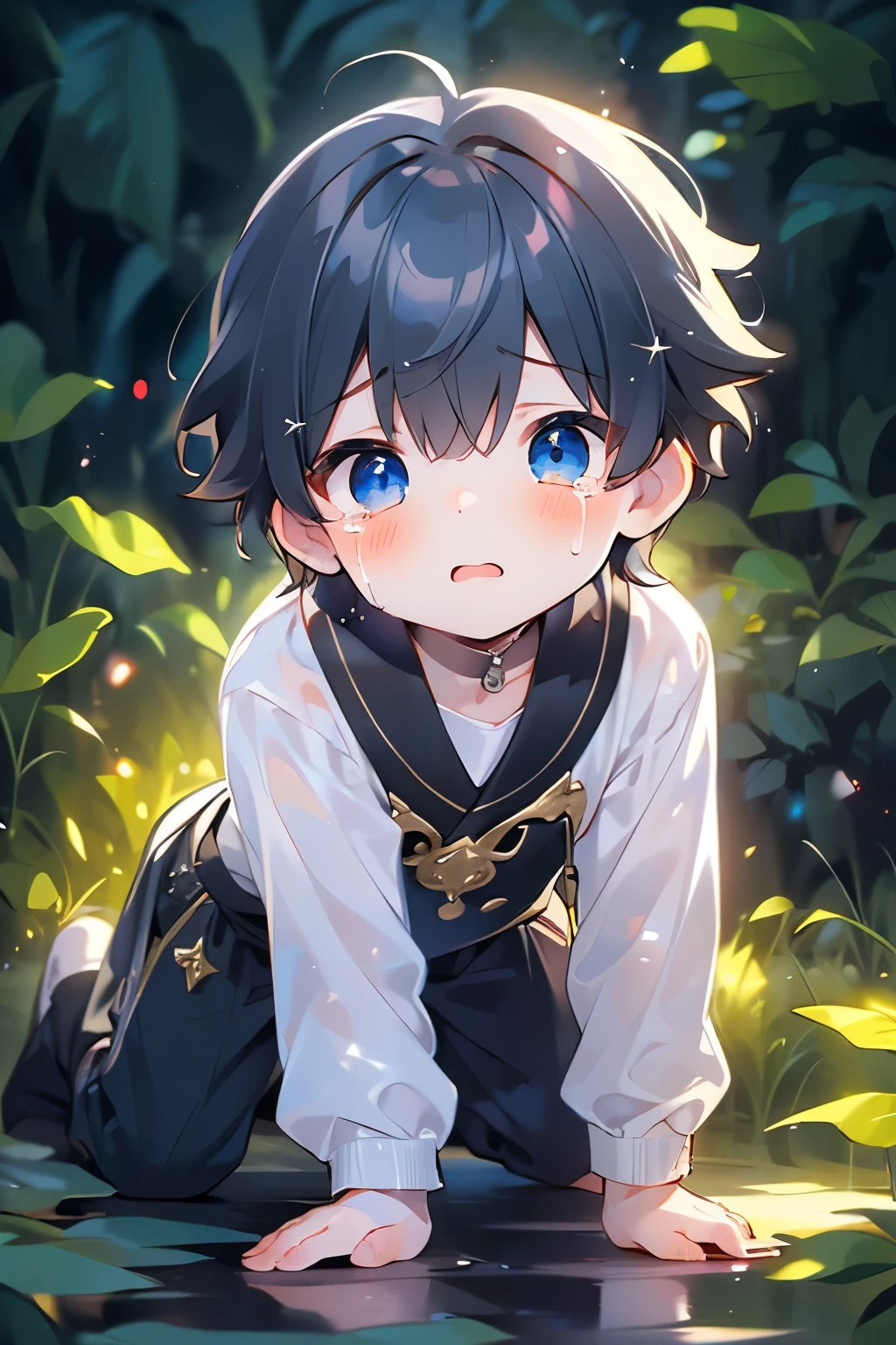 ((1-boy :1.5)),(( adult male:1.0)),black hair,(very short hair:1.0),braid hair,(odd-eyes:0.85),((Kirakira eyes :1.0)),(Crying face:1.0), alert ,(looking viewer:0.8),fantasy fantasy,((kawaii)),(crouching:0.5),(( forest background:0.85)),((( face down、 it's falling:1.0)))