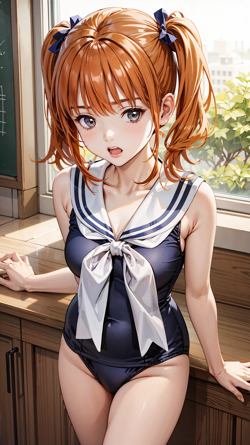 mastute piece,Best Quality,insanely detailed,8k cg,nsfw,
(shoot upper body:1.3),
(1girls:1.3),standing,looking at viewr,body in front,both arms behind back,(sailor onepiece-dress:1.3),(bare breasts),(bare nipples),
break,
blush,shy,(ecstasy face),(trembling:1.2),break,(light orange hair:1.2),
break,
perfect breasts,perfect teats,(open mouth:0.9),(large breasts:1.2),
(class room)、