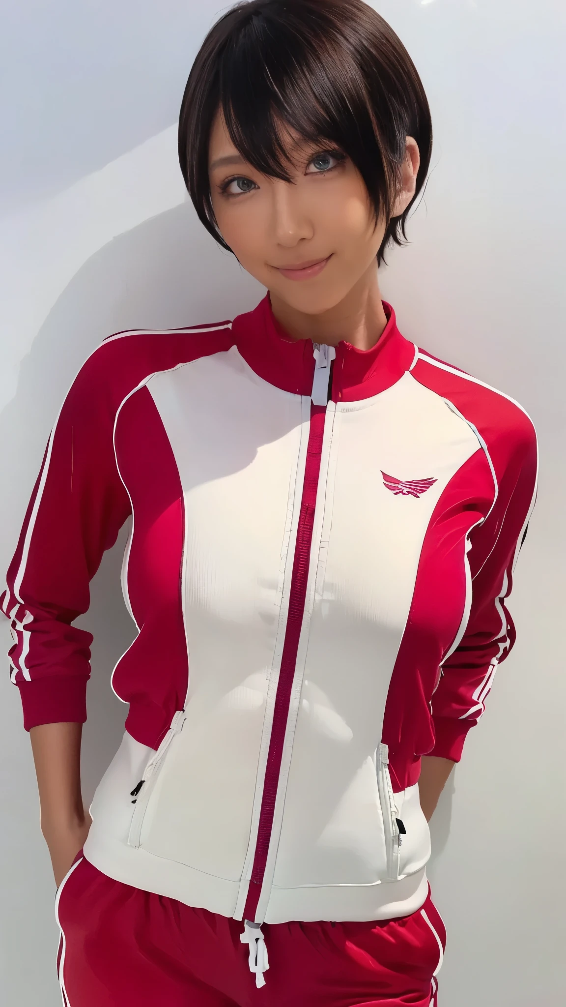 best quality ,masterpiece, super high definition, high-definition RAW color photos , professional photography, natural skin texture , fine skin, hyperrealism , Cute Smile ,gigantic breasts,(blonde short cut hair),((white track suit, tight fit )),(white minimal background),slim body, Shrimp