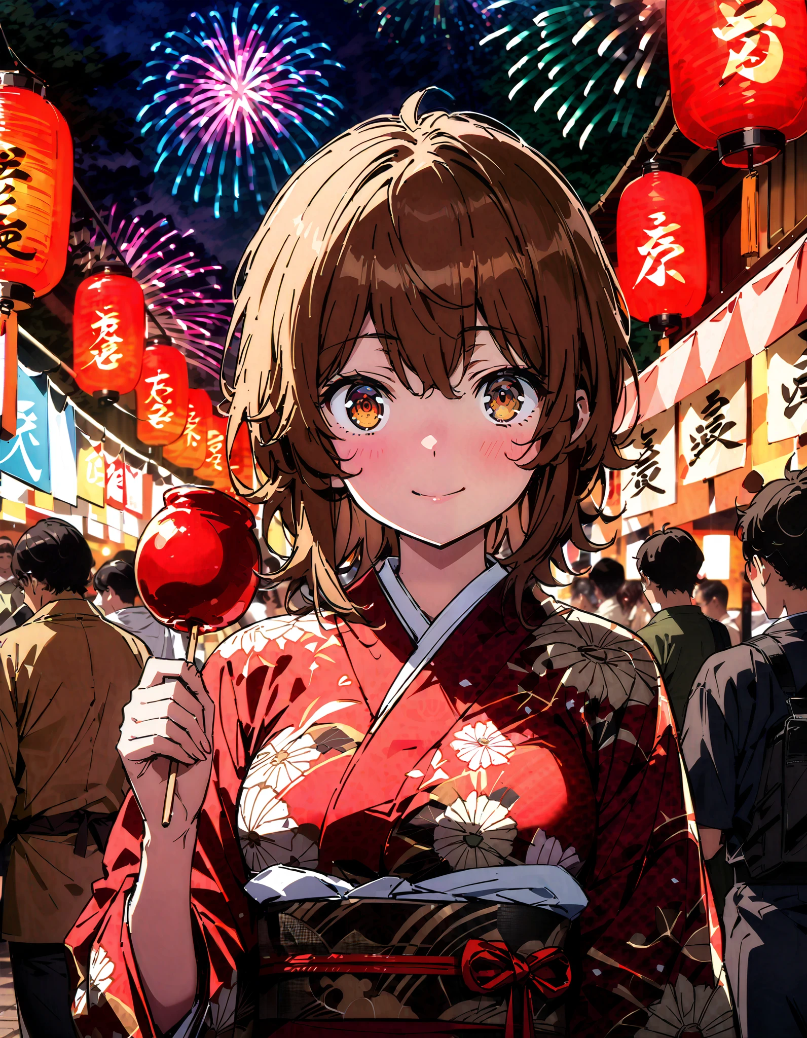 Liliru Card, Lilyrka is burning  , brown eyes,  tea hair,  short hair while on a business trip, smile,blush, mouths, small boobs,日本のfestival，夏festivalの屋台, red lanterns,Fireworks in the night sky, fireworks,The location is the fireworks festival.,The time is night, holding a stick with a candy apple on it with one hand,The white flower pattern kimono , white long skirt,whole bodyがイラストに入るように,
break looking at viewer,whole body,
break indoors,festival,
break (masterpiece:1.2), best quality  , kampala,unity 8k wallpaper,(shape:0.8),(  fine, beautiful eyes  :1.6),It's a person ,whole body写真,CG Details , (perfect hand, complete anatomy),