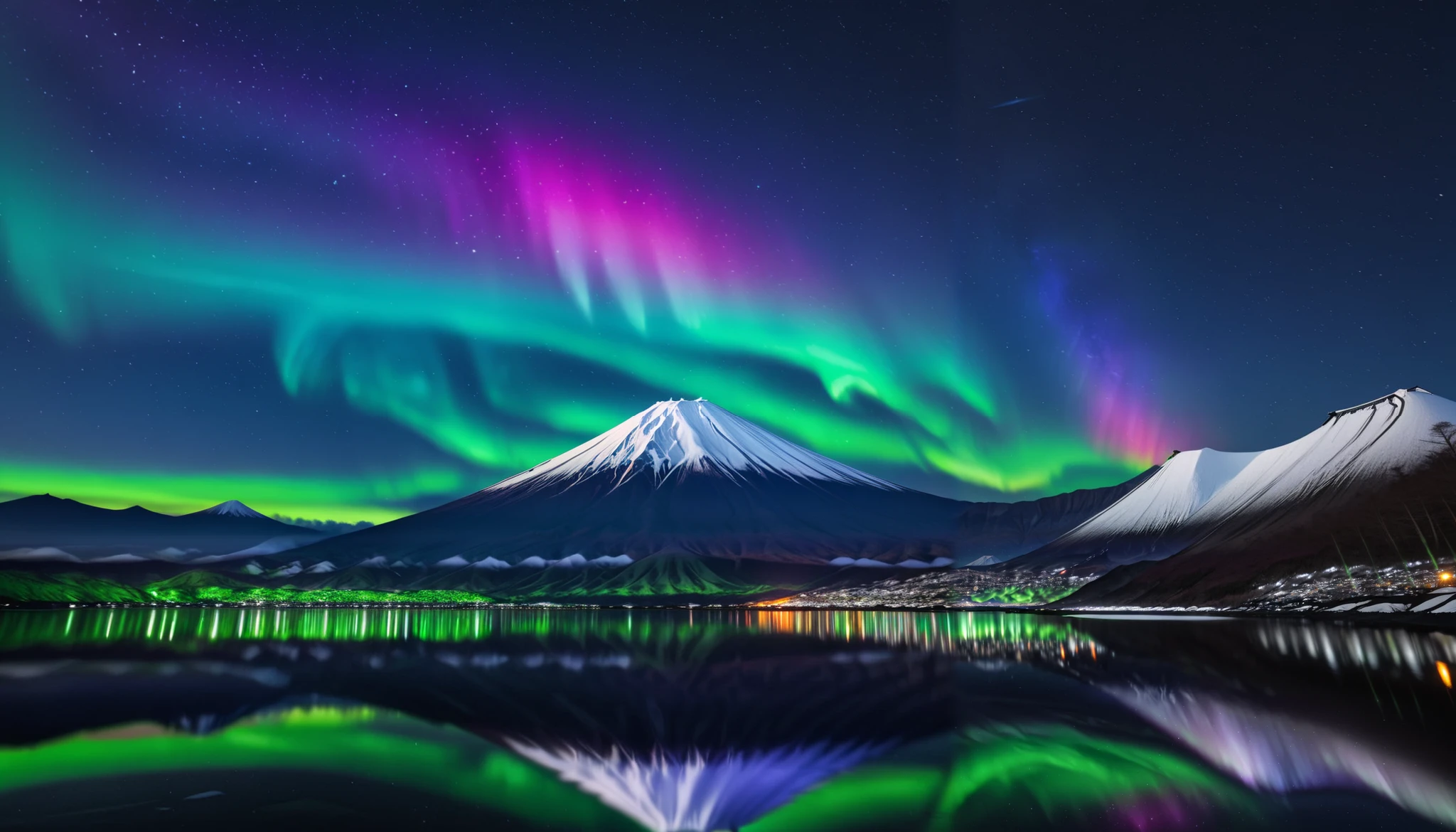 in ultra high quality, high definition , High Quality ,Spectacular views,(とてもThe giant Mt. Fuji up),A huge and realistic aurora dance that dazzles the night sky and covers the entire sky, sky full of stars,(The giant Mt. Fuji up),(Green and purple auroras ),An unbelievable number of stars々The brilliance,(A majestic, bright Milky Way star on a vast glacier々and the auroras shine are reflected )、(( the huge Mt. Fuji that rises in the center )),((The huge and majestic Mt. Fuji))、The glacier extends to the horizon 、 Jagged ice layers and snow-covered mountain peaks 、 reflects the colorful light above 。 BREAK The stars twinkle in the dark and clear sky 、 The surrounding landscape is wrapped in the surreal glow of the Milky Way 、 creates a mysterious atmosphere 。 BREAK The cool and clear air adds color to the landscape 、 snow shines in the milky way and the gentle light of auroras、 This frozen wilderness is so calm that it seems unearthly。An unbelievable amount of stars々,I can see lots of meteor showers ,