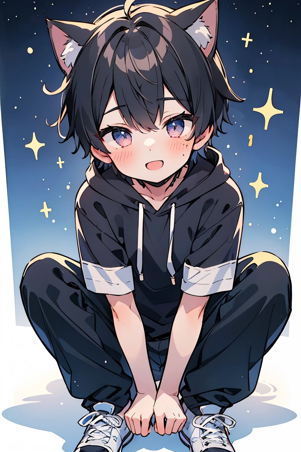 ((1-boy :1.5)),((.Adult men with sex appeal:1.0)),black hair,(very short hair:1.0),braid hair,(odd-eyes:0.85),((Kirakira eyes :1.0)),happy, pleasant face,cat ear hooded hoodie,(looking viewer:0.8) thick soled sneakers ,((kawaii)),(crouching:0.5),(hugging a stuffed cat:0.5),((POP night star background:0.8)),