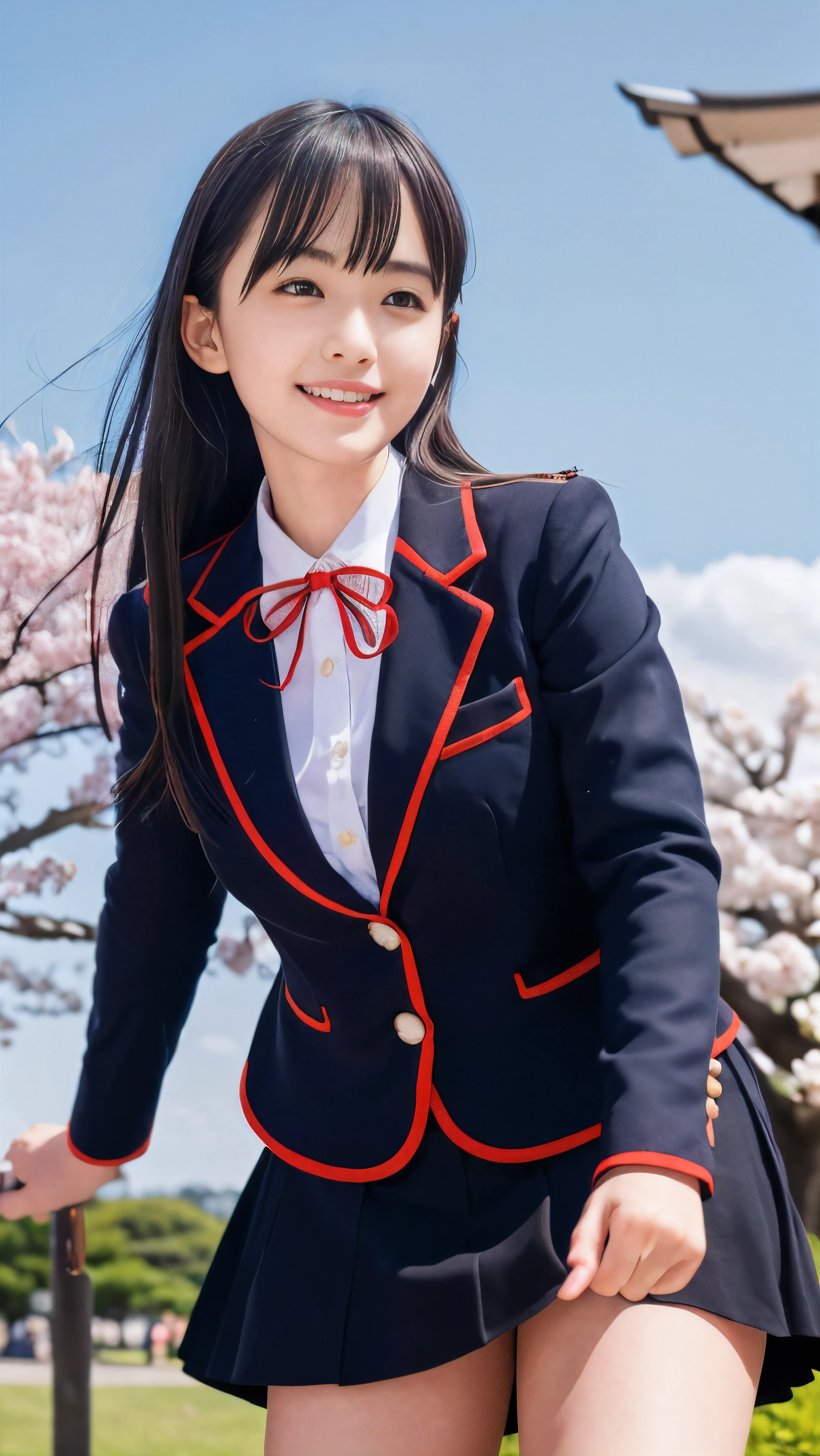(Low angle shot of one slender small breasts dark silver long hair with swept bangs girl in a black blazer uniform with a red trimmed collar and black skirt:1.5)、(A girl is leaning forward in the park with happy smile:1.5)、(Beautiful blue sky and cherry blossoms in full bloom in Japan:1.5)、(Uniform with a black blazer and a black skirt with a red edging collar:1.5)、(blurred background:1.5)、(Natural light:1.5)、(8k ultra detailed master piece:1.5)、(perfect anatomy:1.5)、(Photorealistic stick:1.5)、(Raw photo:1.3)、(highest quality:1.5)、(High resolution:1.3)、(Delicate and beautiful perfect face:1.3)、(Delicate and beautiful eye air skin:1.3)、(Real Human Skin:1.3)、((thin legs))