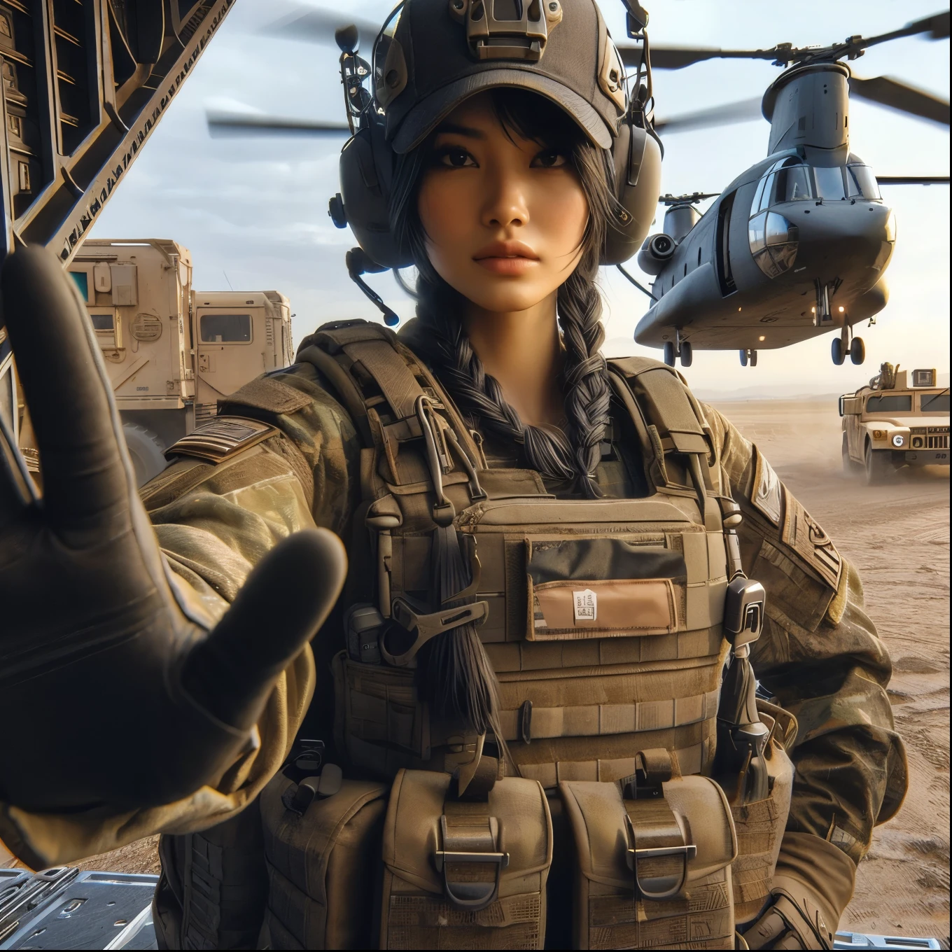 8K,realistic photo、realistic skin texture、A beautiful Japanese woman belonging to the American military is in the wasteland.、bulletproof vest、Backpack、wearing a baseball cap、A large transport helicopter is waiting with its rear loading hatch open.、moving action pose、waving、Dramatic and bold composition、Several military vehicles are running、Zoom out