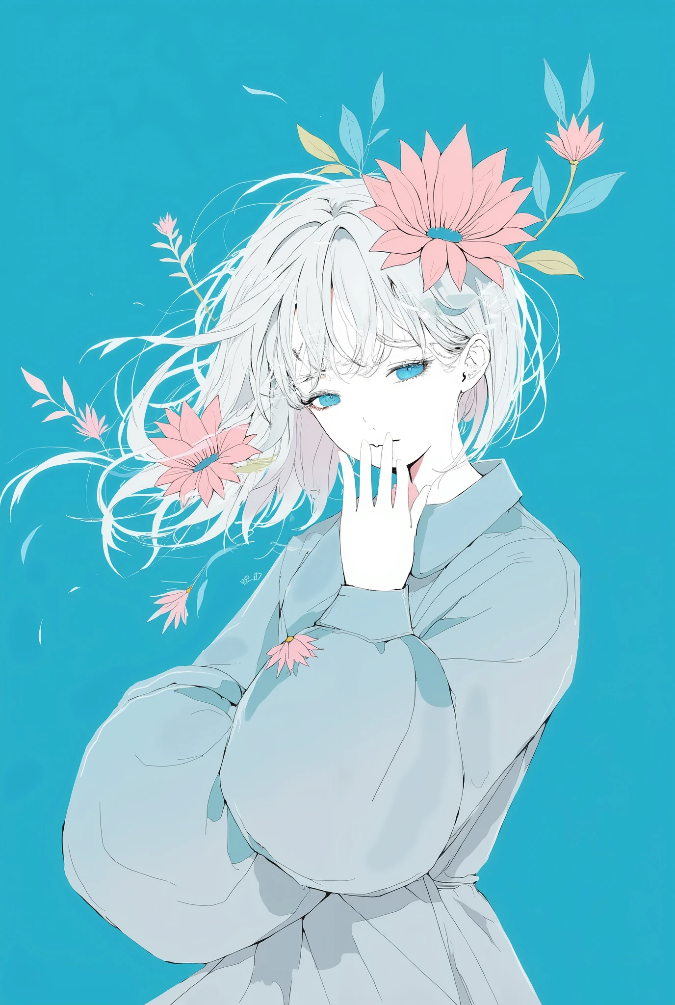 ( masterpiece,  best quality:1.2), 1 Girl, 独自的This is an anime-style digital illustration of a young woman with a delicate and ethereal appearance. She has short, messy hair that blends seamlessly with the blue and white flowing abstract pattern. Her hair is adorned with two large, stylized flowers: one on the left and the other on the right, both with soft, rounded petals in pink and white. With her eyes closed, she appears to be in a state of contemplation or meditation, with her fingers lightly touching her lips as if lost in thought. Her skin is light, almost translucent, with little shading to emphasize her young and fragile nature. She wears a long-sleeved, pastel blue outfit that adds a sense of modesty and simplicity to her appearance. The background is a solid bright teal, which contrasts with her pale skin and adds a sense of calm and tranquility to the image. The overall composition is simple, focusing on the character's facial features and abstract elements such as the flowing hair and flowers, creating a dreamy sense of tranquility.
