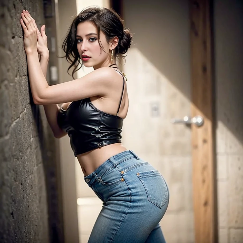 night, female, relaxed, backlit, (Deep Focus), contrast, (f_stop 2.8), (focal_length 35.0) f/2.8, 35mm focal length, og photo, silhouette, spotlight, (denim skirt and top), (((posing kneeling))), (leaning forward) showing her face and ((focus on face)) (nude) (frbehind) (big ass) (cleav:1.15)g, big lips, a beautiful perky Scandinavian woman, big butt cheeks, ((showing)) Millie Bobby Brown, e skin, dark anus, make-up, perfect pink l, Millie Bobby Brown's likenhighly detailed face, ultra detailed oiled imperfect skin, long black kinky hair, piercing eyes, (lustful f expression, lusty, lasciviou3), dark background, warm cs, RAW candid cinema, 16mm, color graded portra 400 film, remarkable color, ultra realistic, captured on a (Fujifilm X-Pro3) / (f_stop 16.0), (focal_length 24.0), very small pendant on fine necklace, highly realistic, realistic, masterpiece, absurdres, intircate, highly detailed, detailed, high quality, best quality, highres, photo_(medium), reality, dimly lit, low light, dim, dark, 8k, cinematic lighting, volumetric lighting, dim lighting, professional photography, perfect eyes, detailed hair