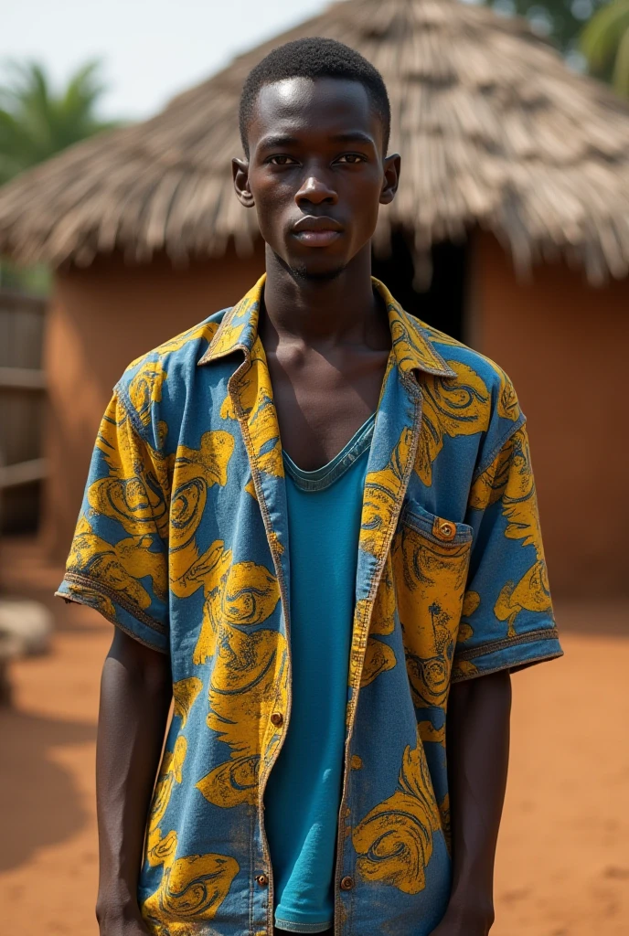 a 15-year-old boy, shirtless, wearing african tribal clothing, sadly standing in the market buying for food 